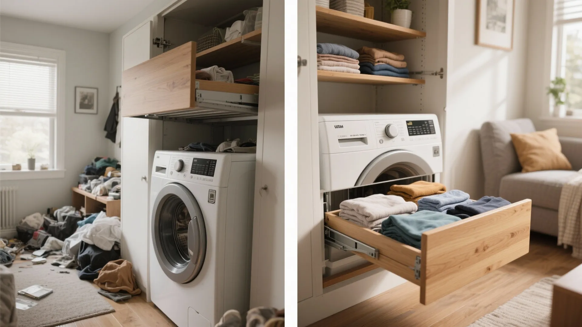 Before and after comparison showing messy laundry versus an organized white cabinet with washing machine