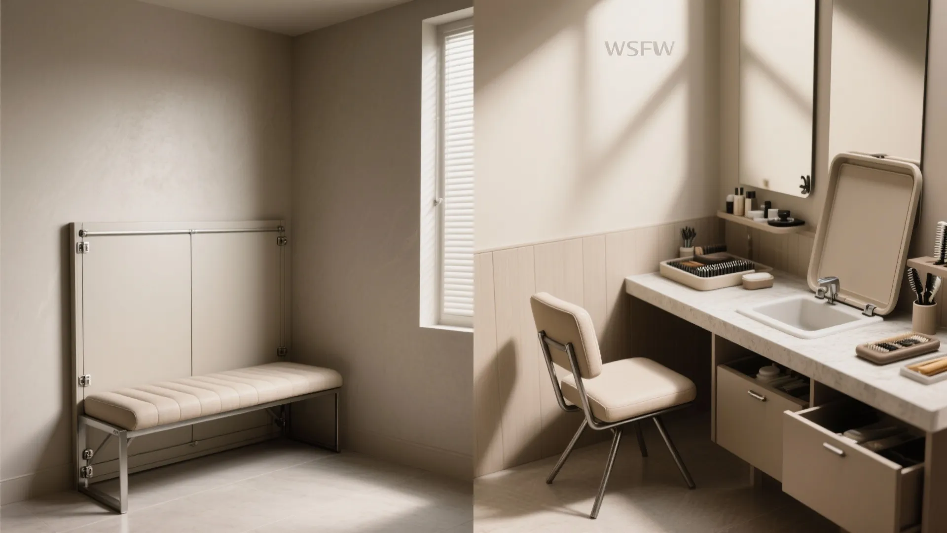 Modern cream colored room showing a folding bench next to a vanity desk with a chair