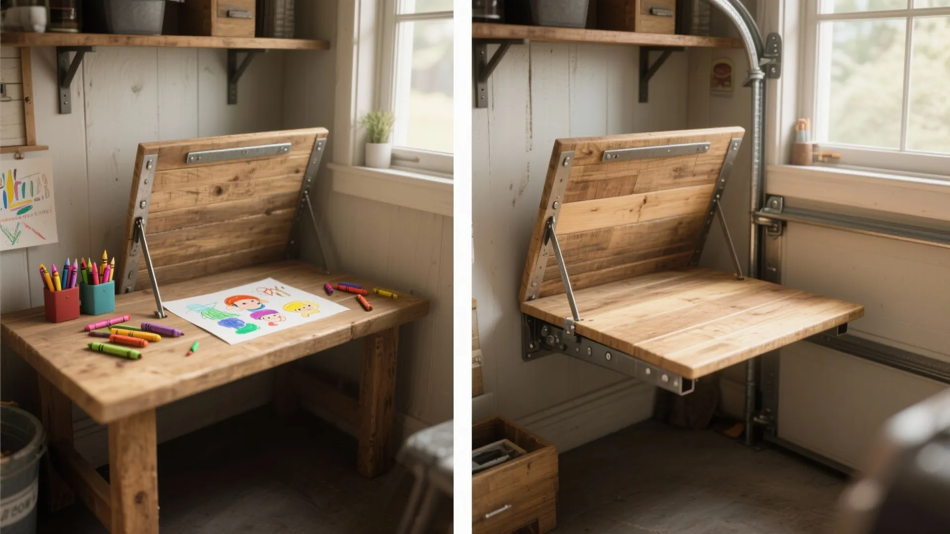 2. Fold-down workbench that doubles as a kids' craft table