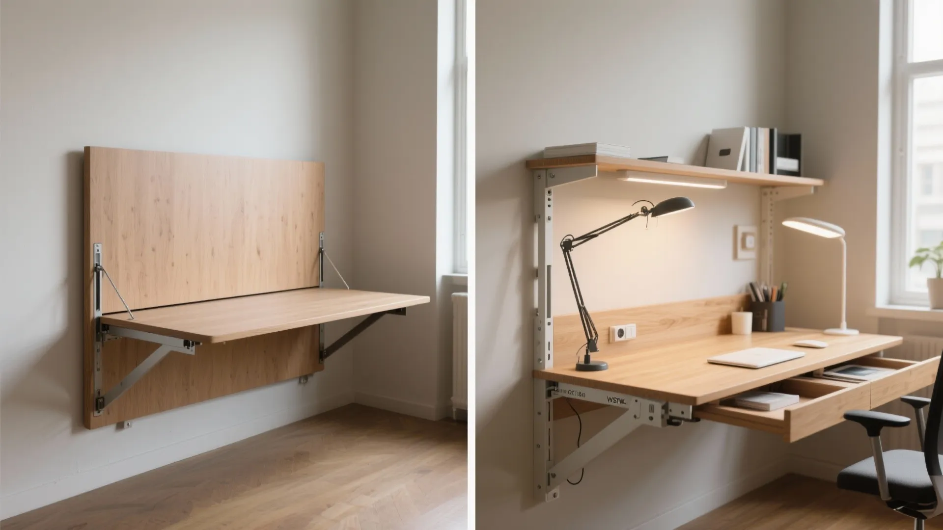 Before and after comparison of a wooden wall mounted folding desk in a small home office