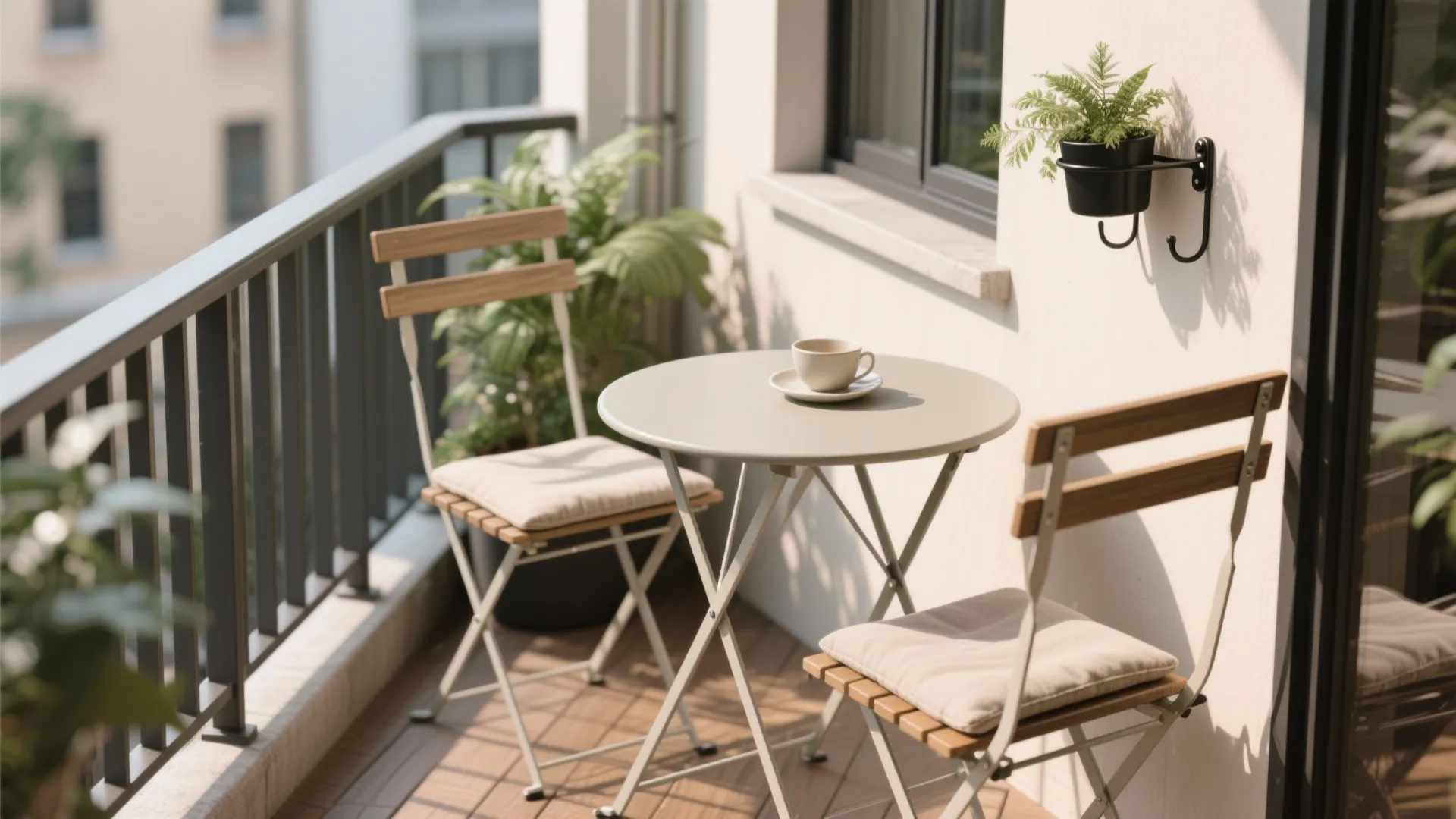Folding outdoor table and chairs on a balcony with a coffee cup and wall plant