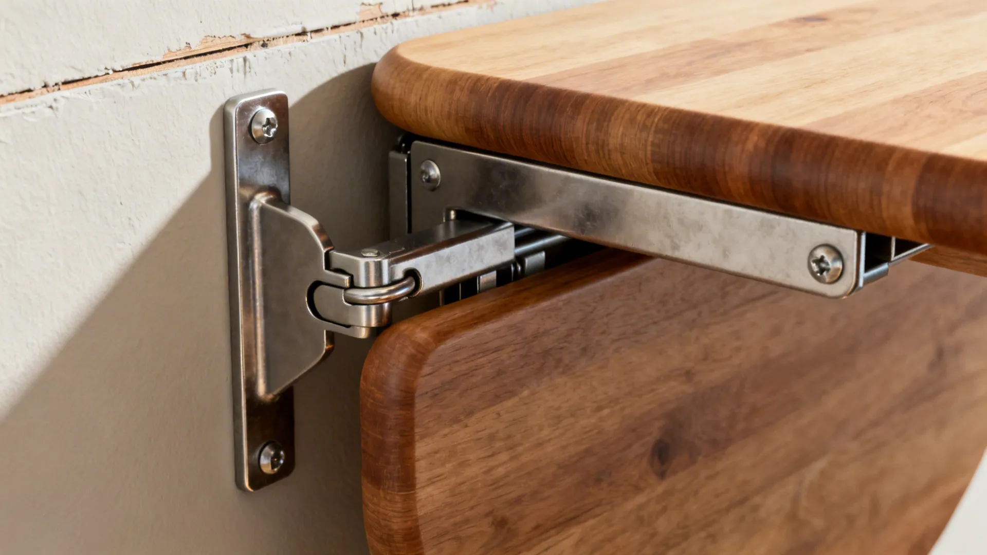 Close-up of lockable folding bracket and cleat supporting a fold-down kitchen table.