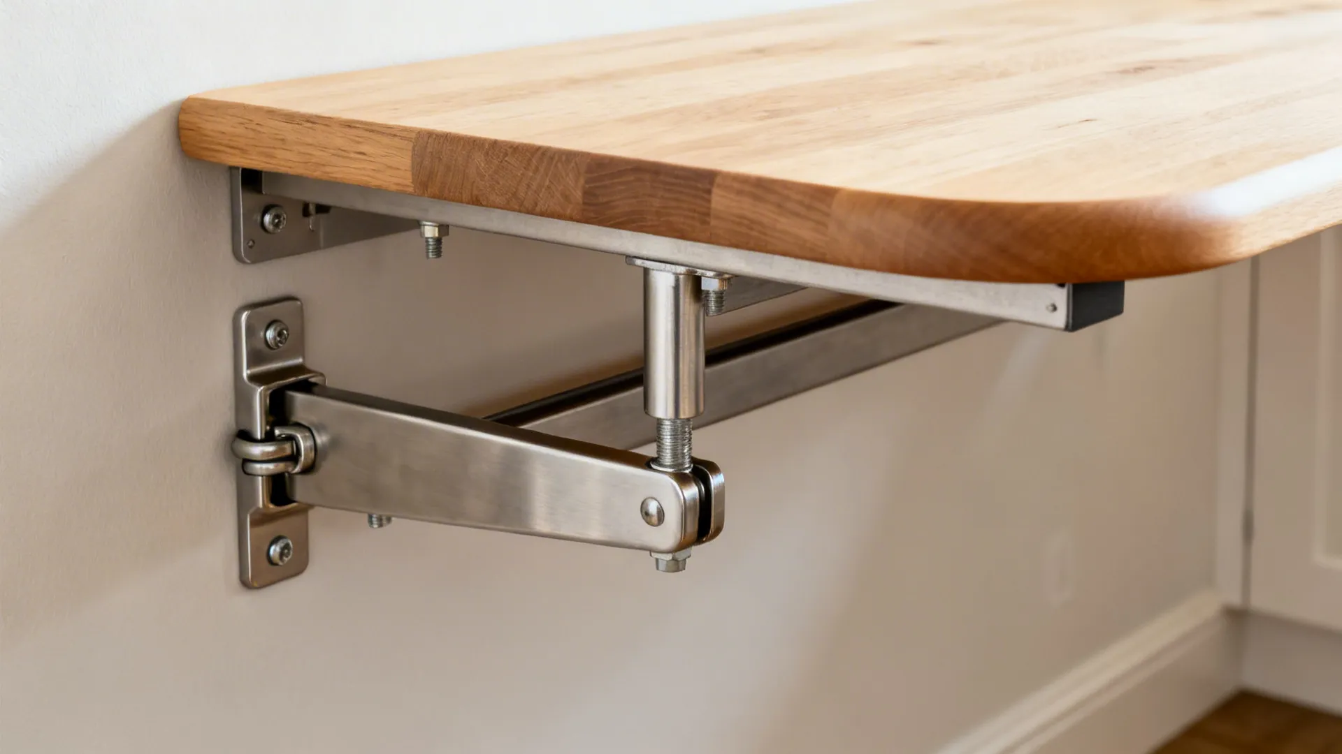 Close-up of a metal folding bracket supporting a slim wall-mounted table.