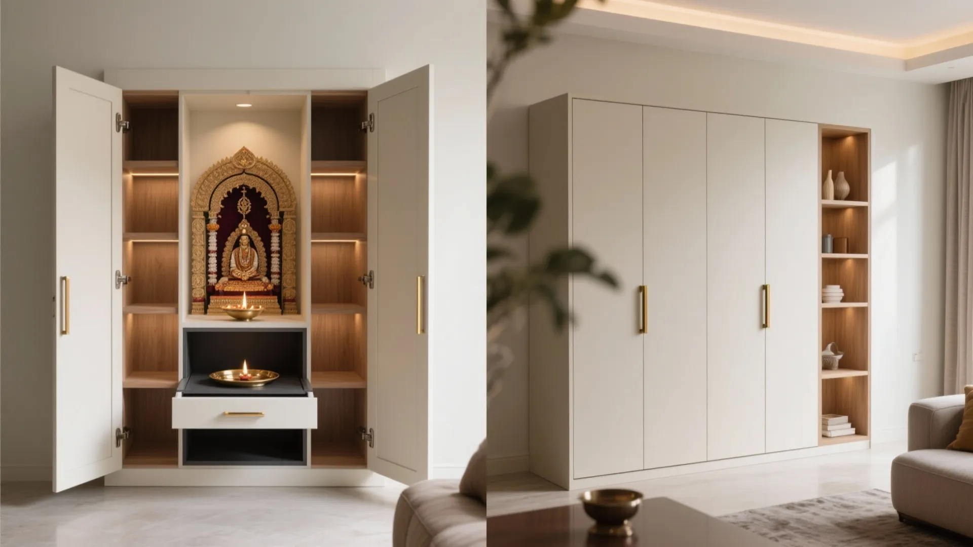 Before and after comparison of a closed white cabinet versus an open prayer room cabinet