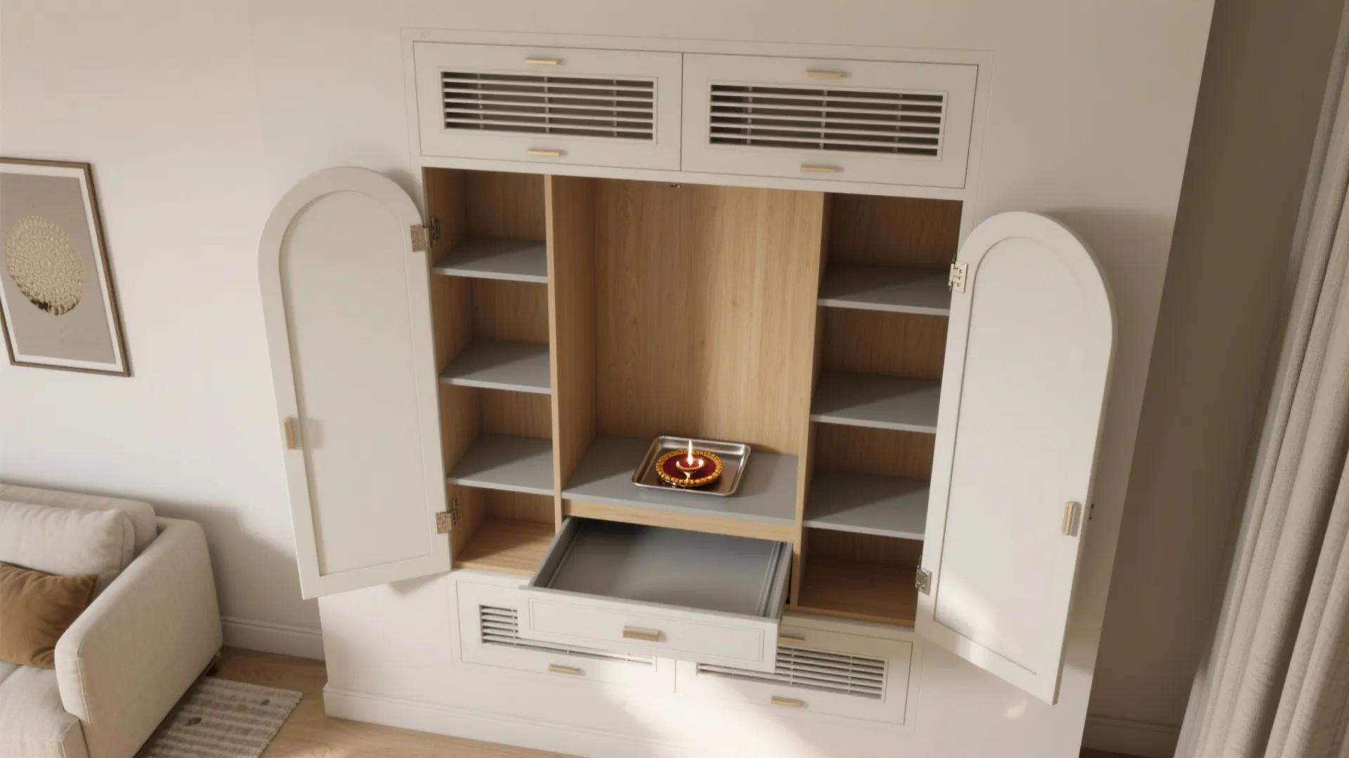 White wall cabinet with open doors showing wooden shelves pull out drawer and interior light