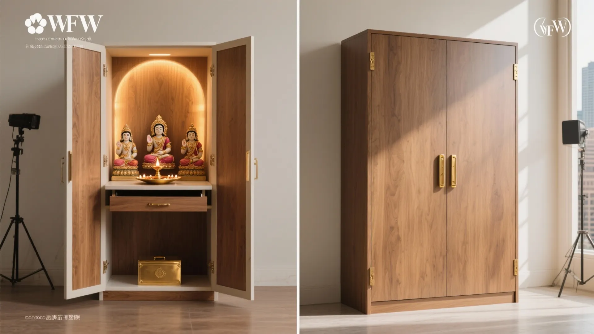Before and after comparison showing a closed wooden cabinet and an open prayer room with lights