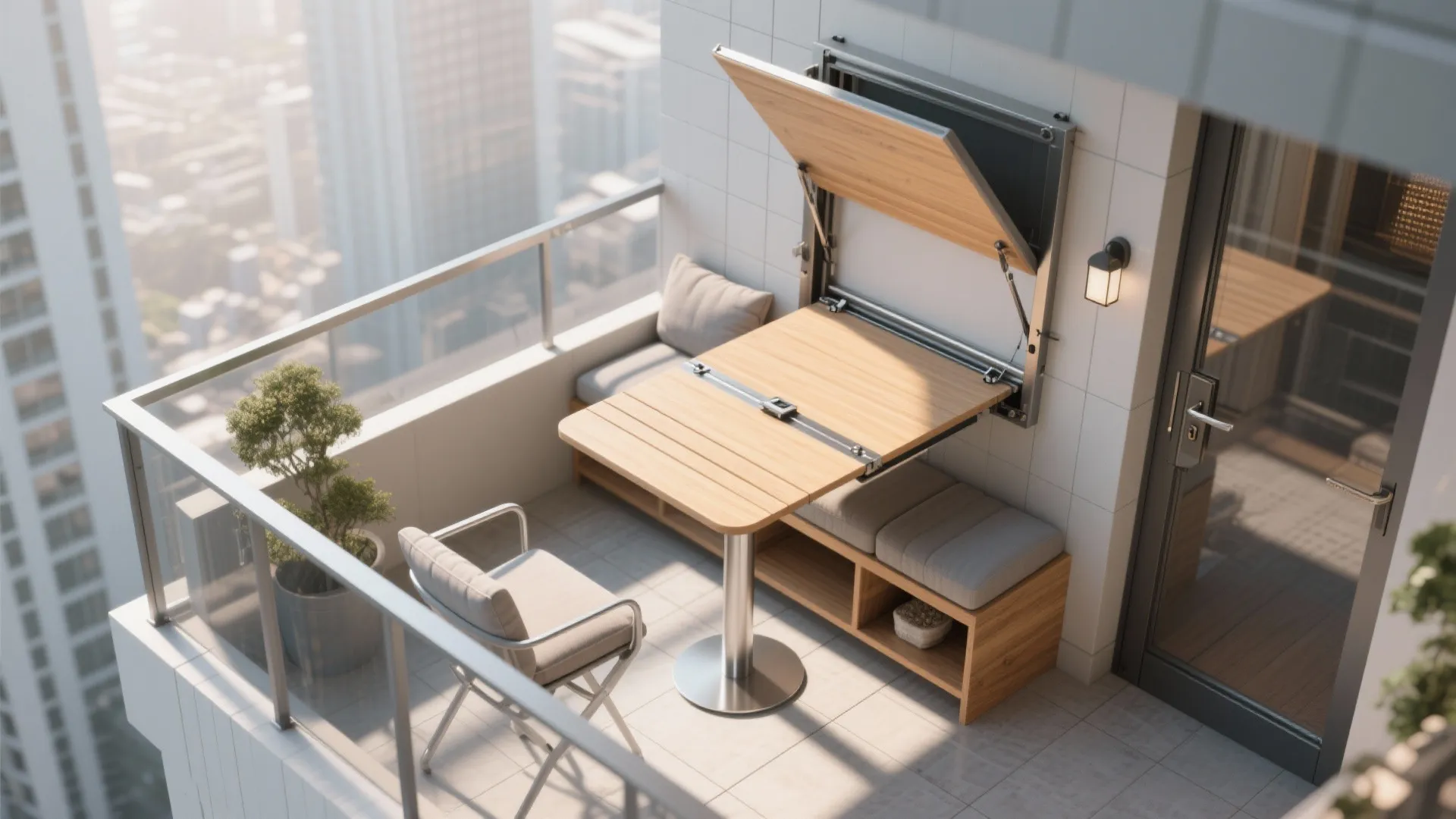 Fold-down café and storage bench
