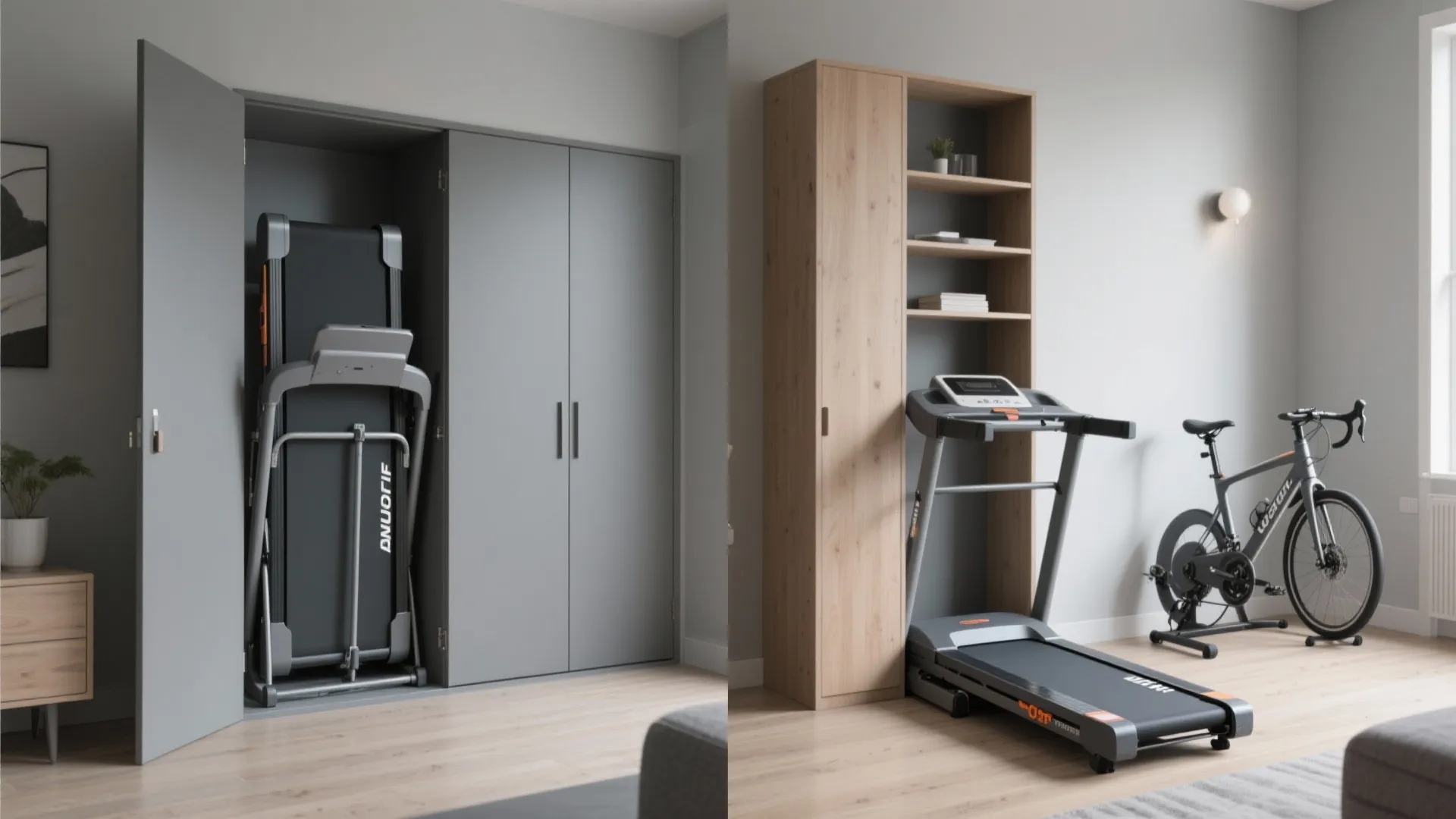 Folded treadmill stored inside a gray closet beside an unfolded treadmill and a home bike