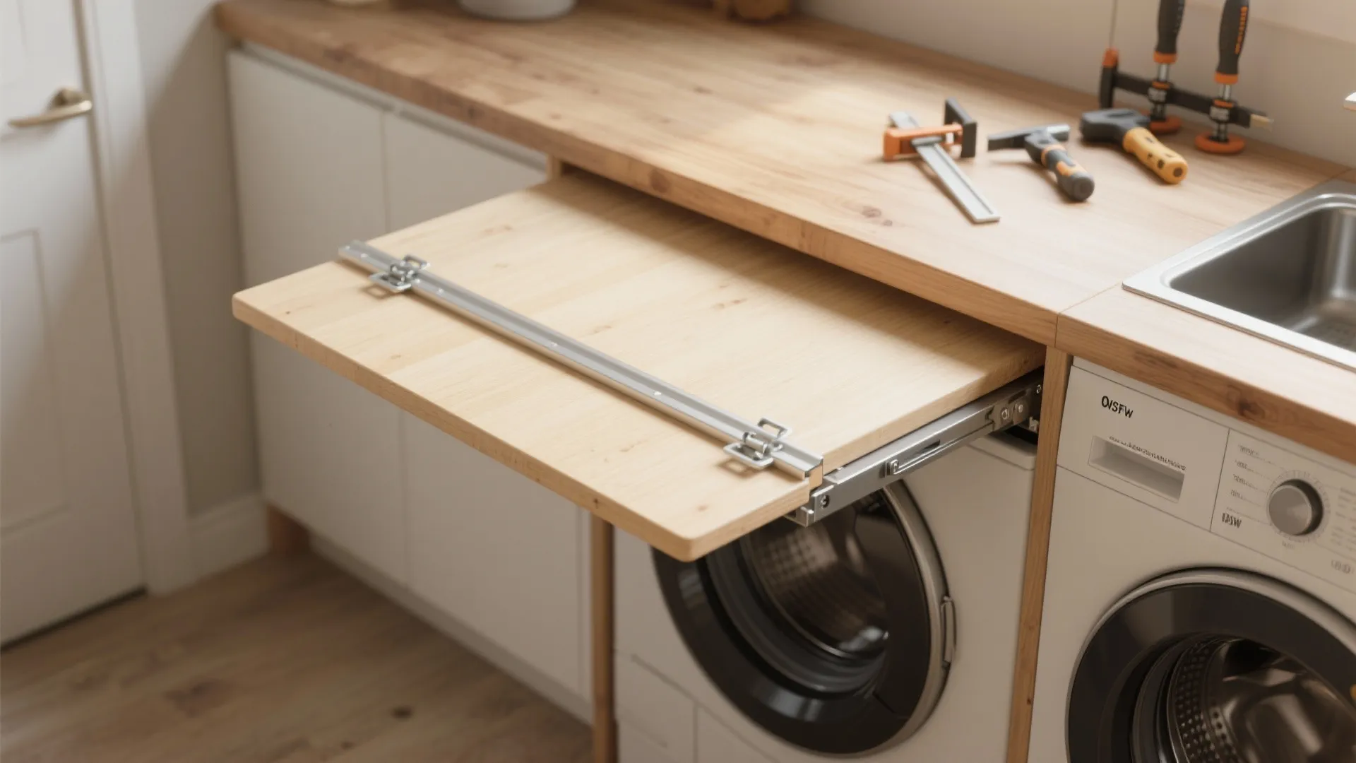 Pull-out wooden folding table installed above a washing machine in a laundry room with tools nearby