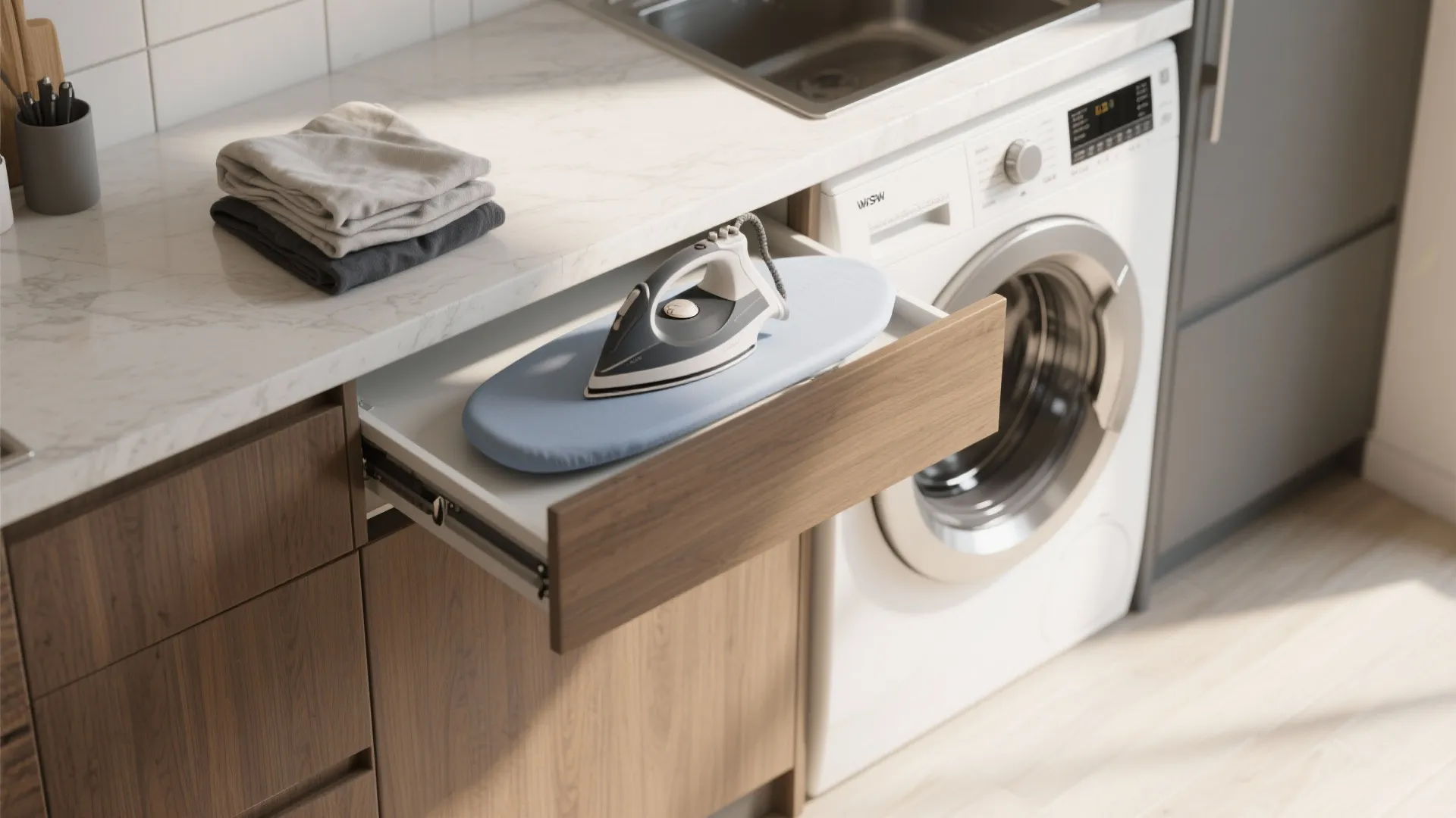 2. Fold-down countertop and hidden work station