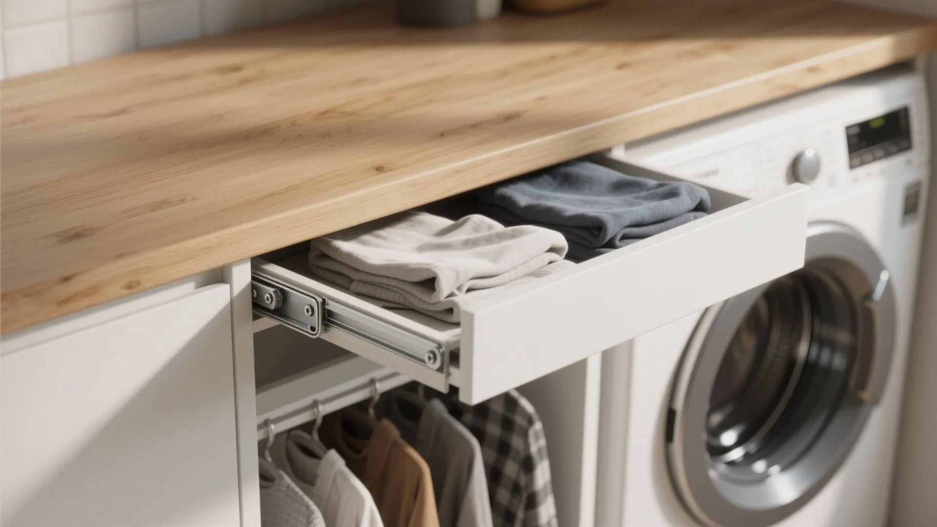 Top-down view of a fold-down wooden countertop above a washer showing brackets and folding clothes on the surface.