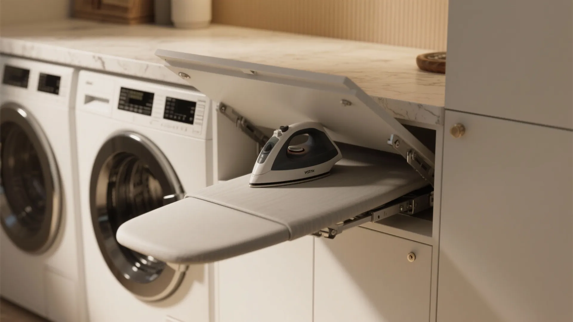 Pull out ironing board with steam iron inside a white cabinet in a laundry room