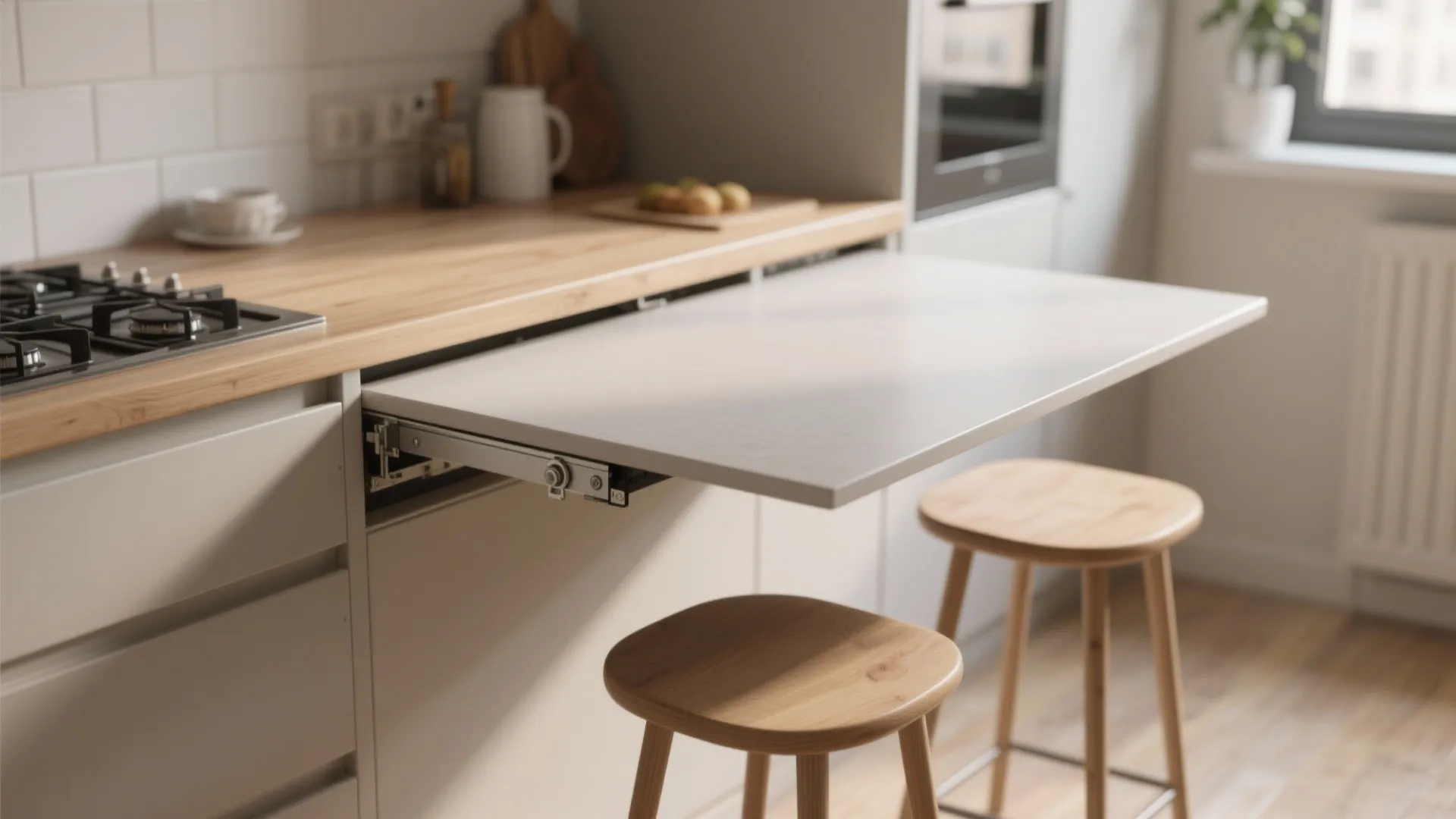 Pull out kitchen counter extension made of white material with wooden stools and gas stove