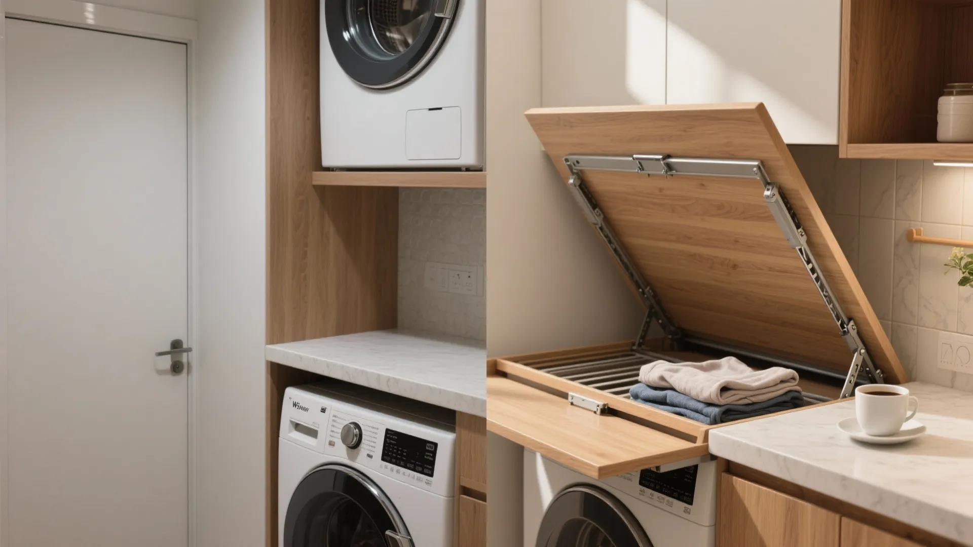 Laundry room layout with washing machine dryer and wooden folding counter for sorting clean folded clothes