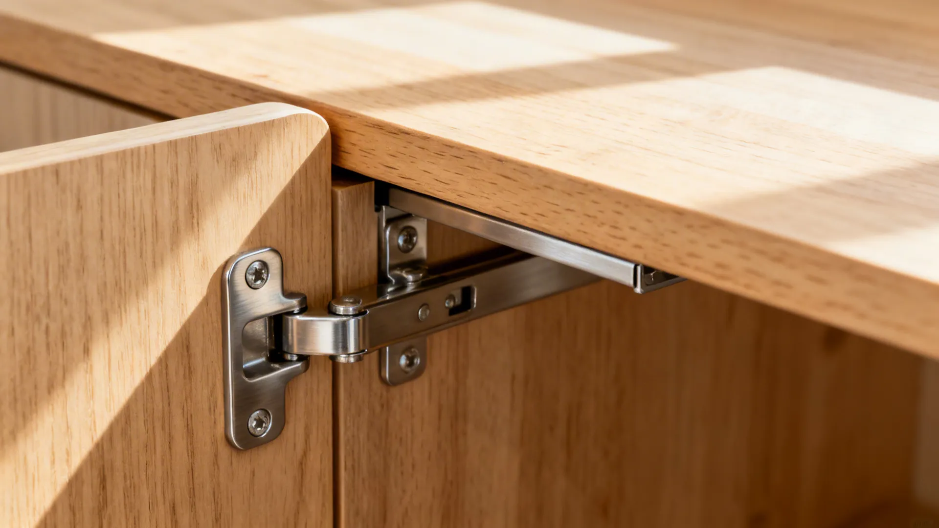 Macro of a brushed stainless hinge on a birch fold-down counter with rounded edge.