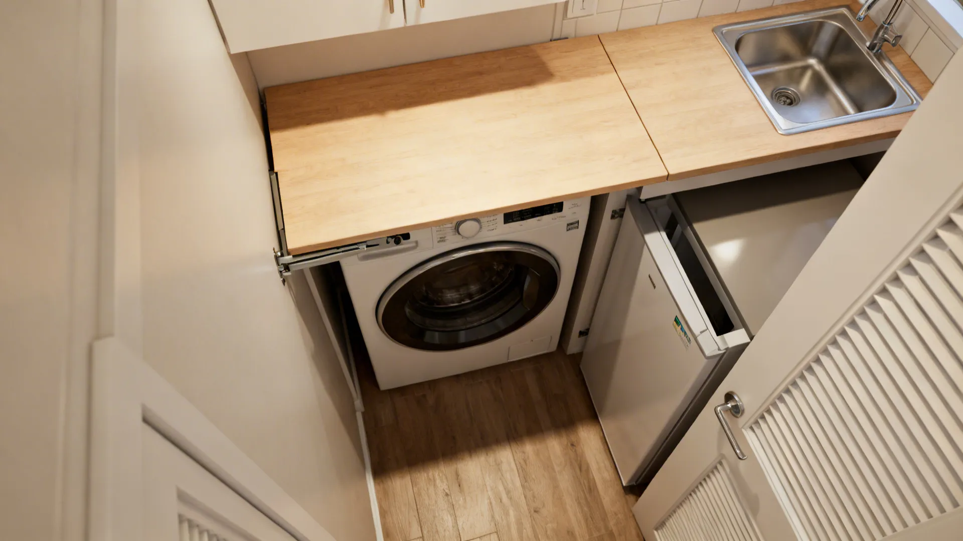 Top-down view of fold-down counter above washer illustrating clearances and hinge placement.