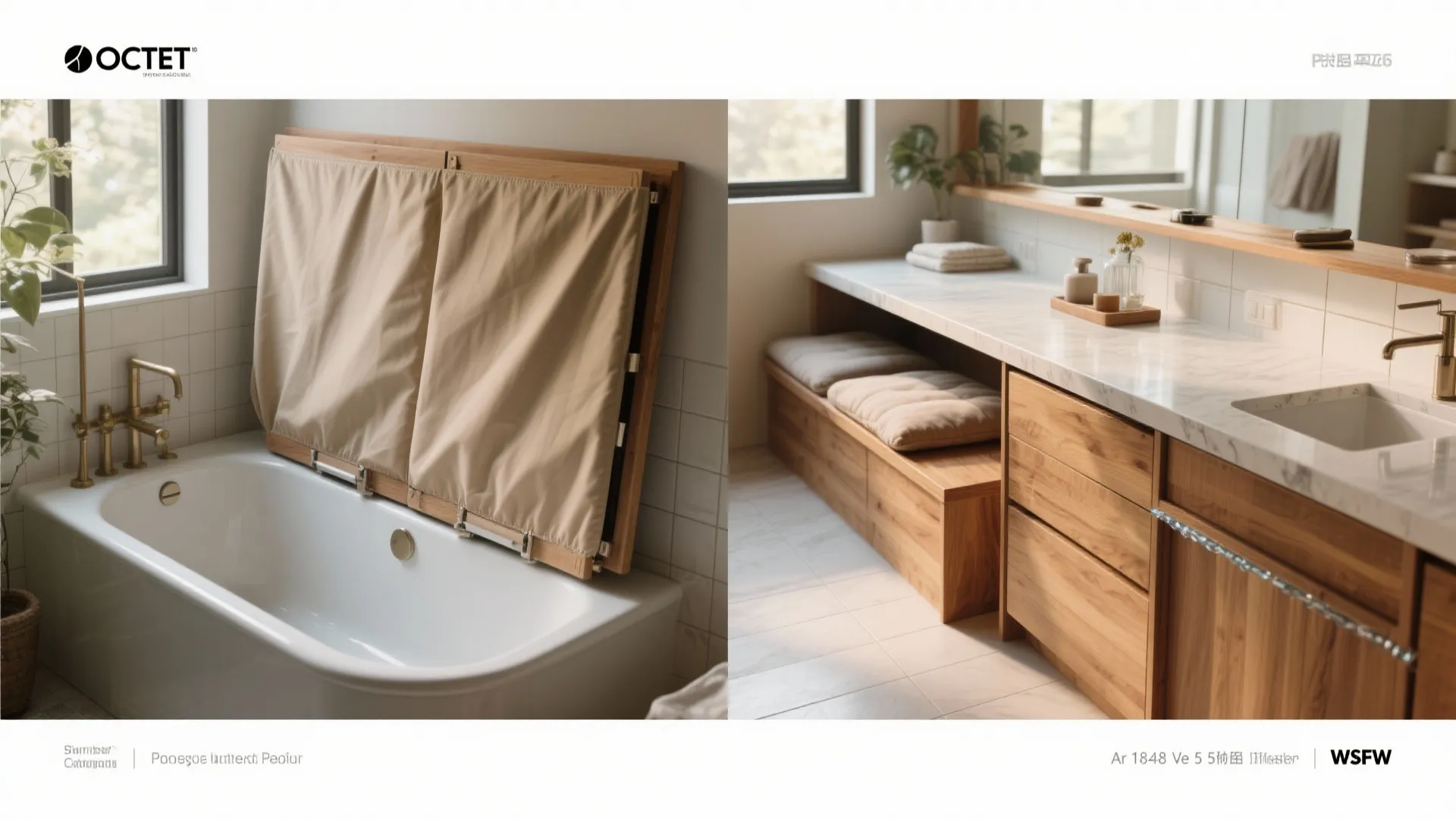 Bathroom design showing a bathtub with wooden cover next to a marble counter and cabinet
