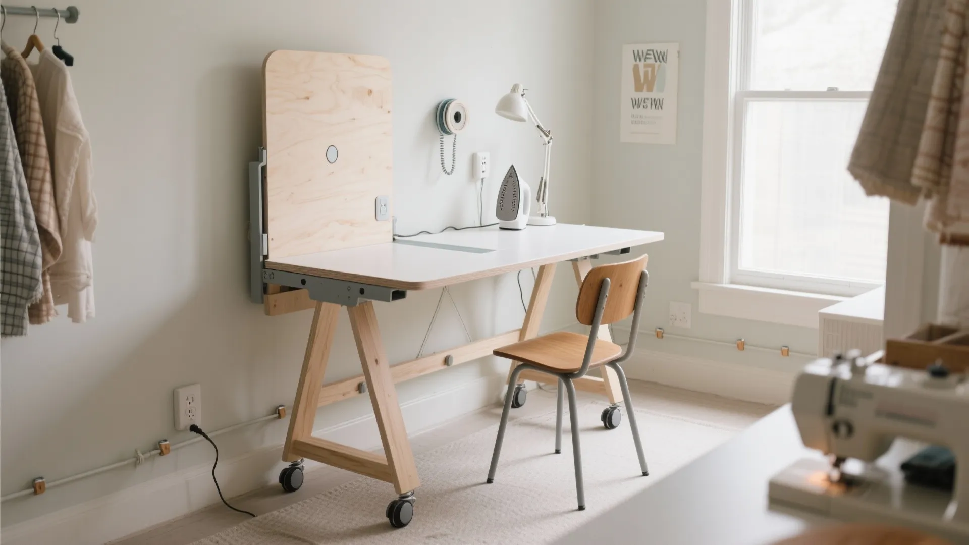 Modern white craft table with wooden legs, desk lamp, chair, iron, and sewing machine setup