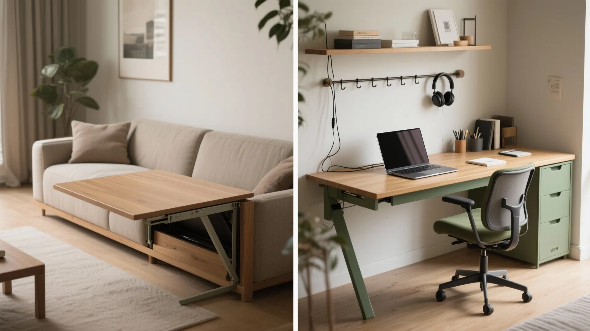 Before-and-after split view showing a fold-down desk hidden behind a sofa and opened as a functional workspace.