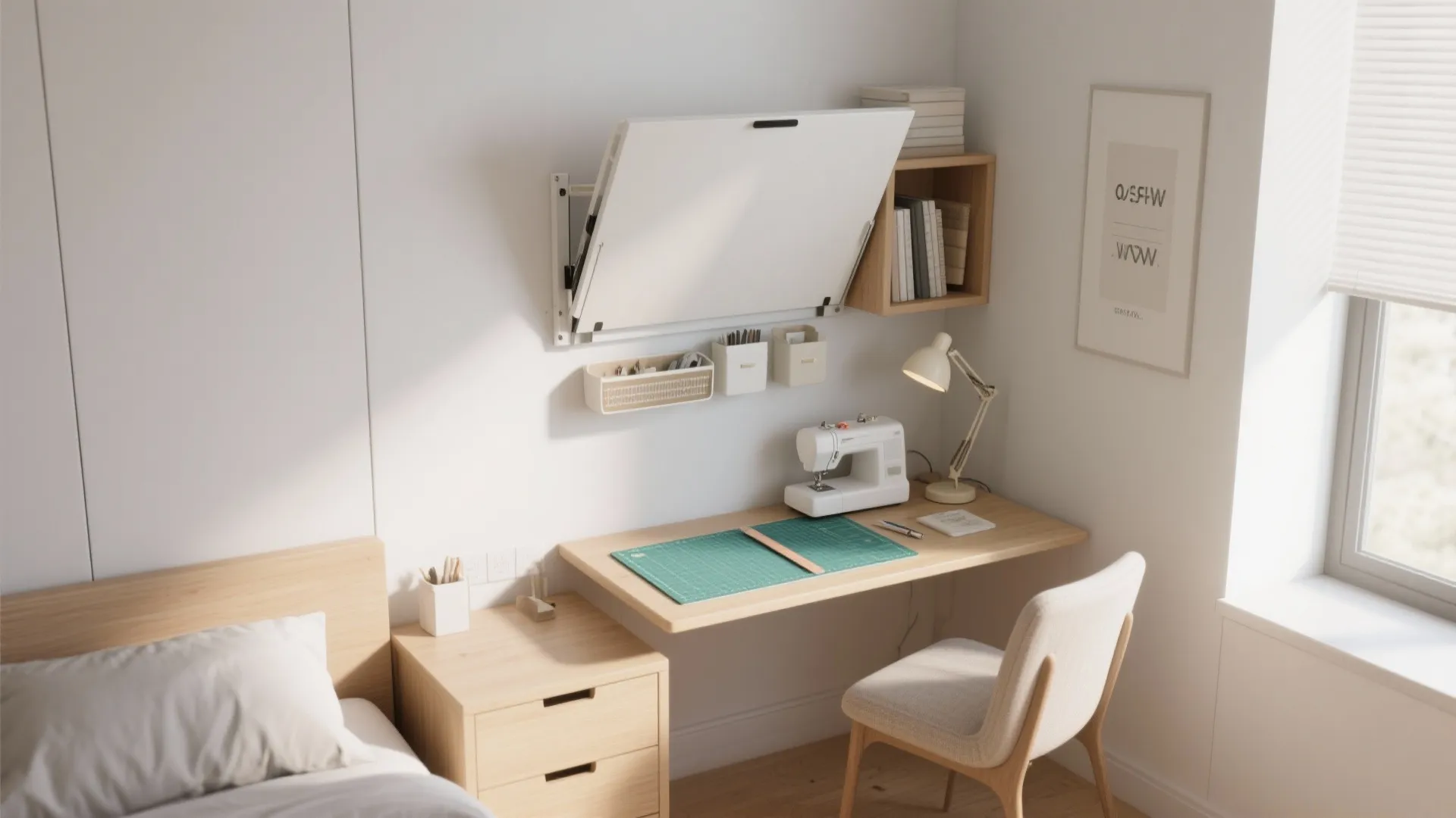 Modern craft room featuring a folding wall desk with a sewing machine and wooden chair
