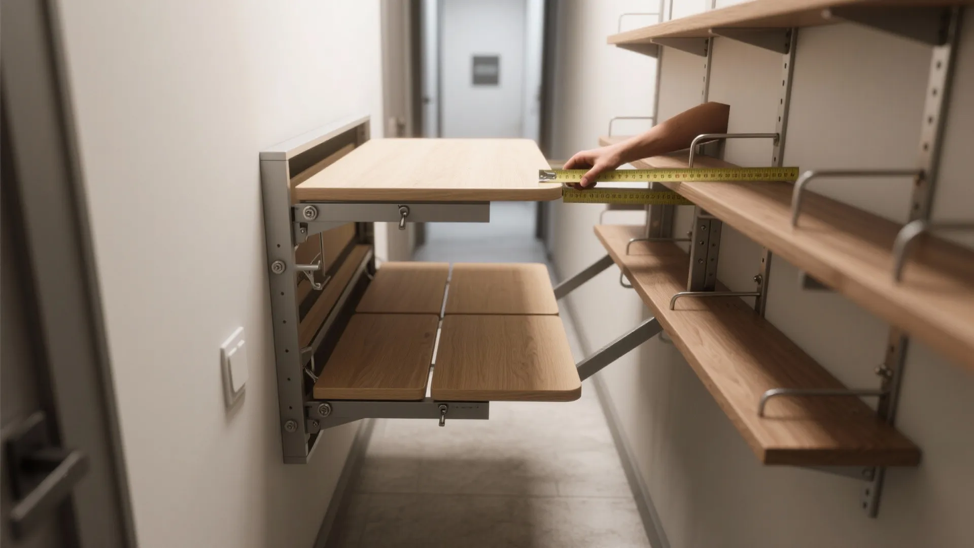 A person measuring a wall mounted folding wooden desk next to open wooden wall shelves