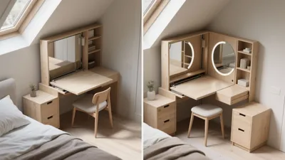Smart Attic Bedroom Vanity with Hidden Storage & Dual Mirrors
