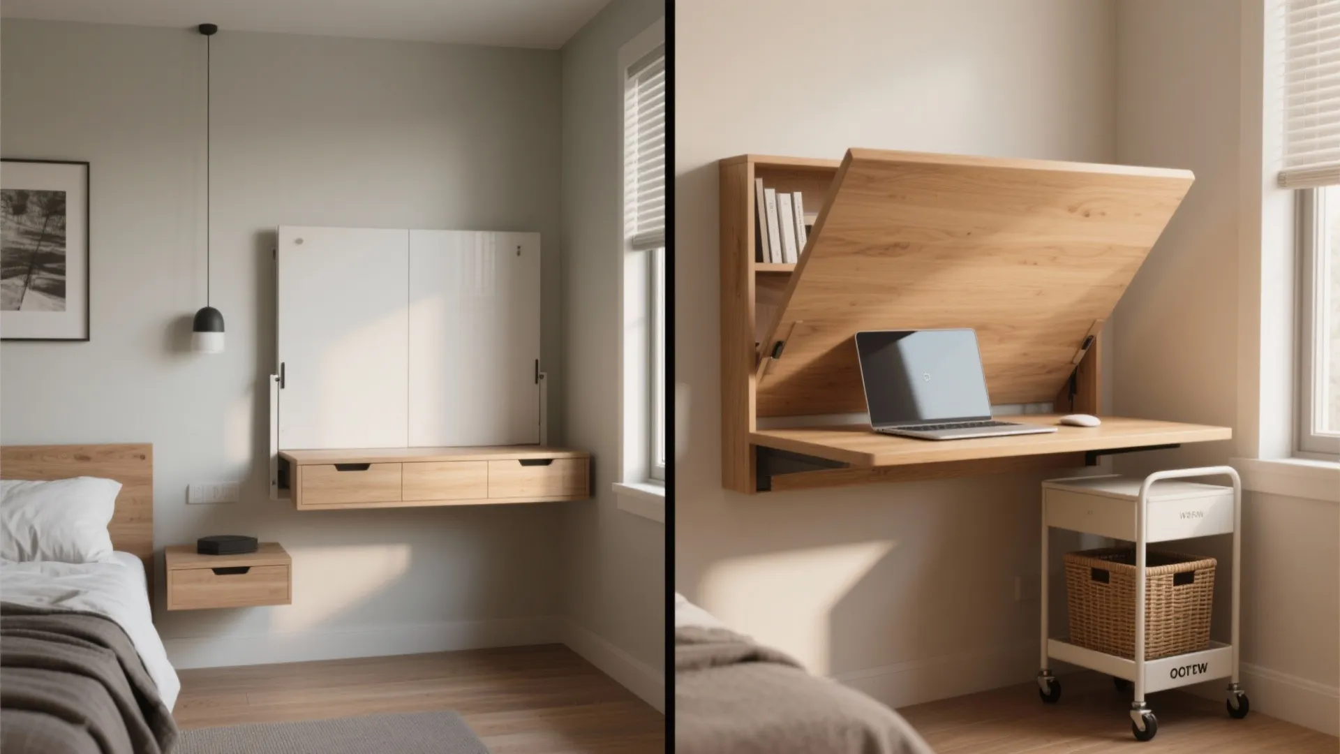 Before-and-after style image of a fold-down wall desk closed as a console and open as a tidy workstation with a rolling cart.