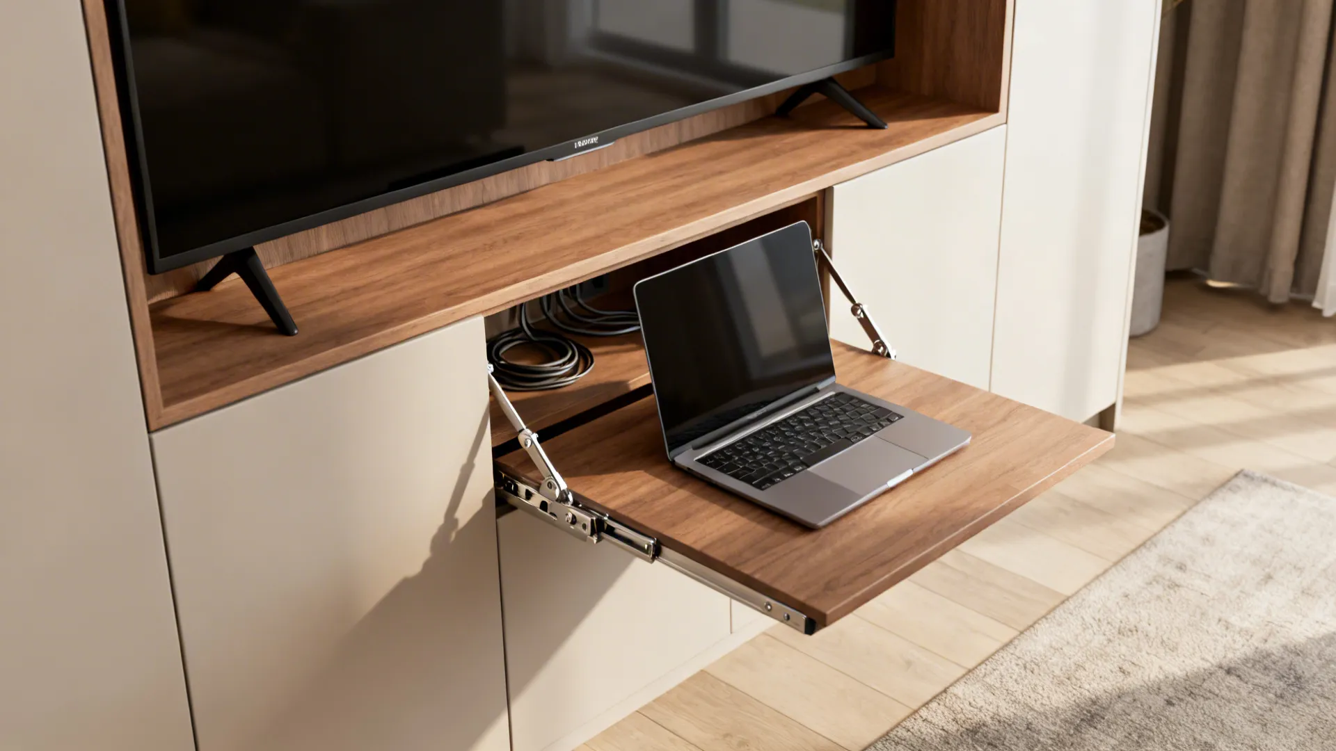 Multi-functional TV cabinet with a fold-down desk open for laptop work
