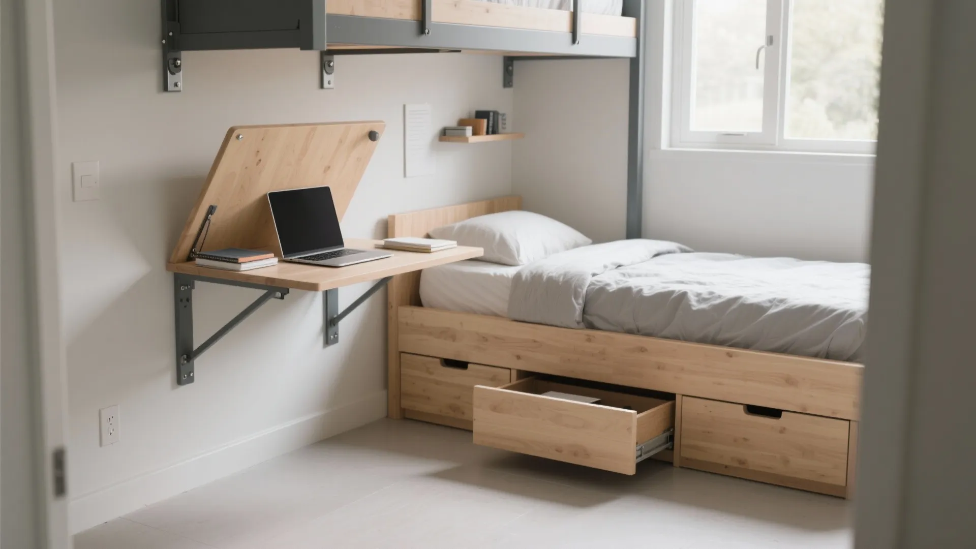 Design Idea 1: Foldaway desk and a storage-rich bed
