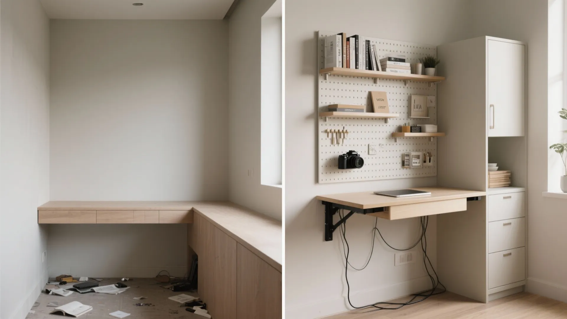 Wall-mounted, fold-down desk + vertical storage