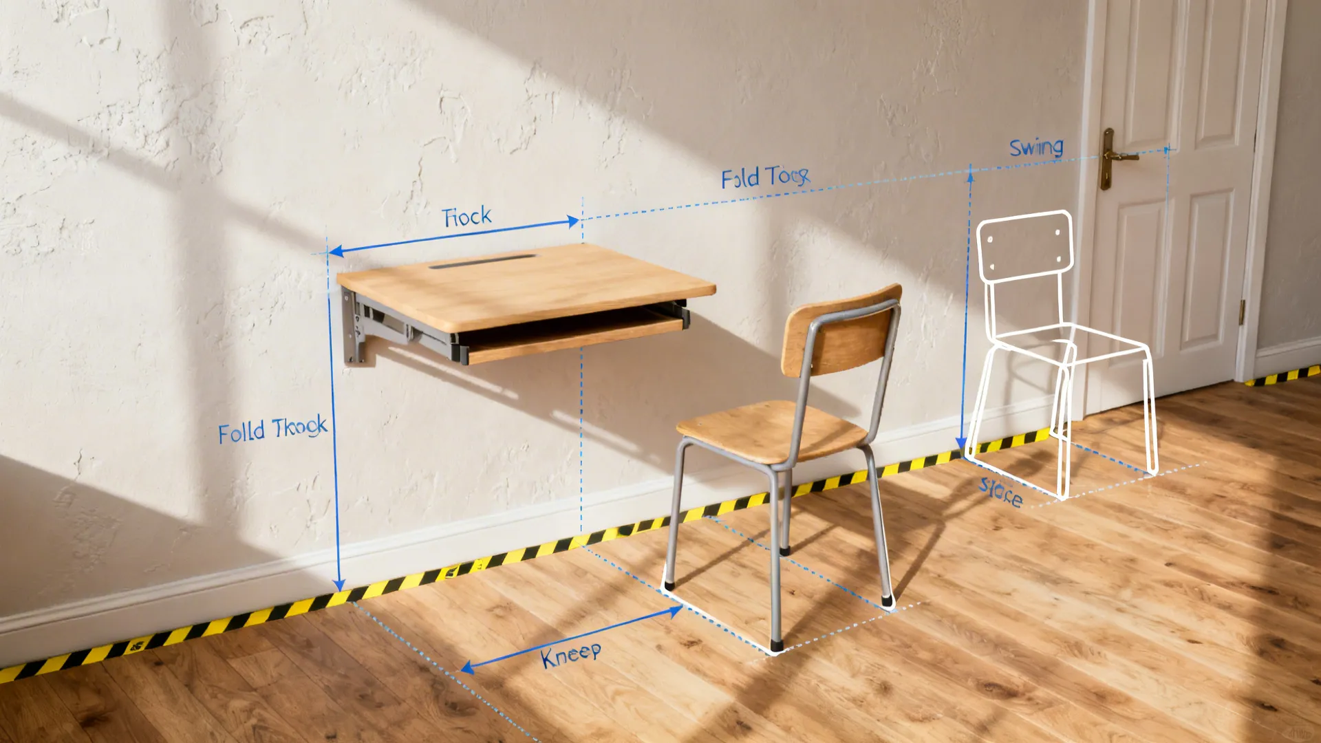 Top-down view of tape on wall and floor marking a fold-down desk’s clearance and chair space.