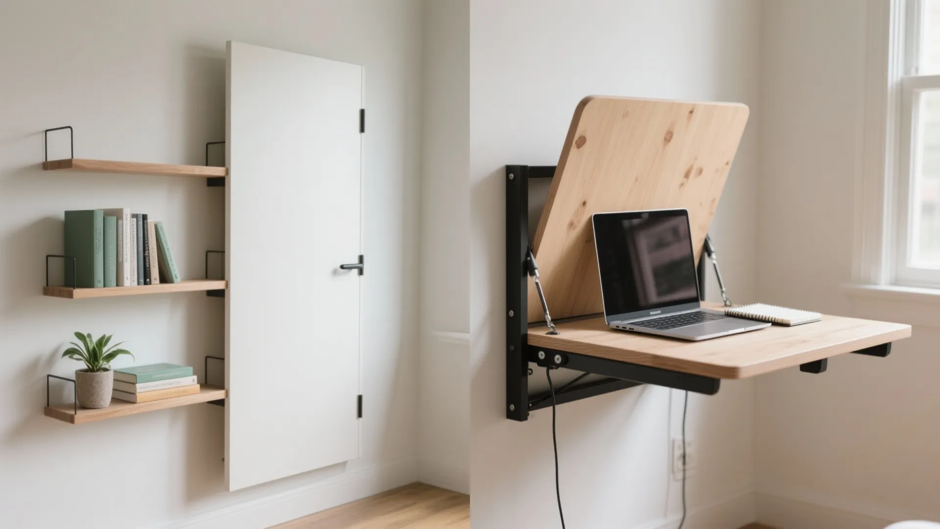 Comparison of a white wall cabinet and a wood wall mounted folding desk with laptop