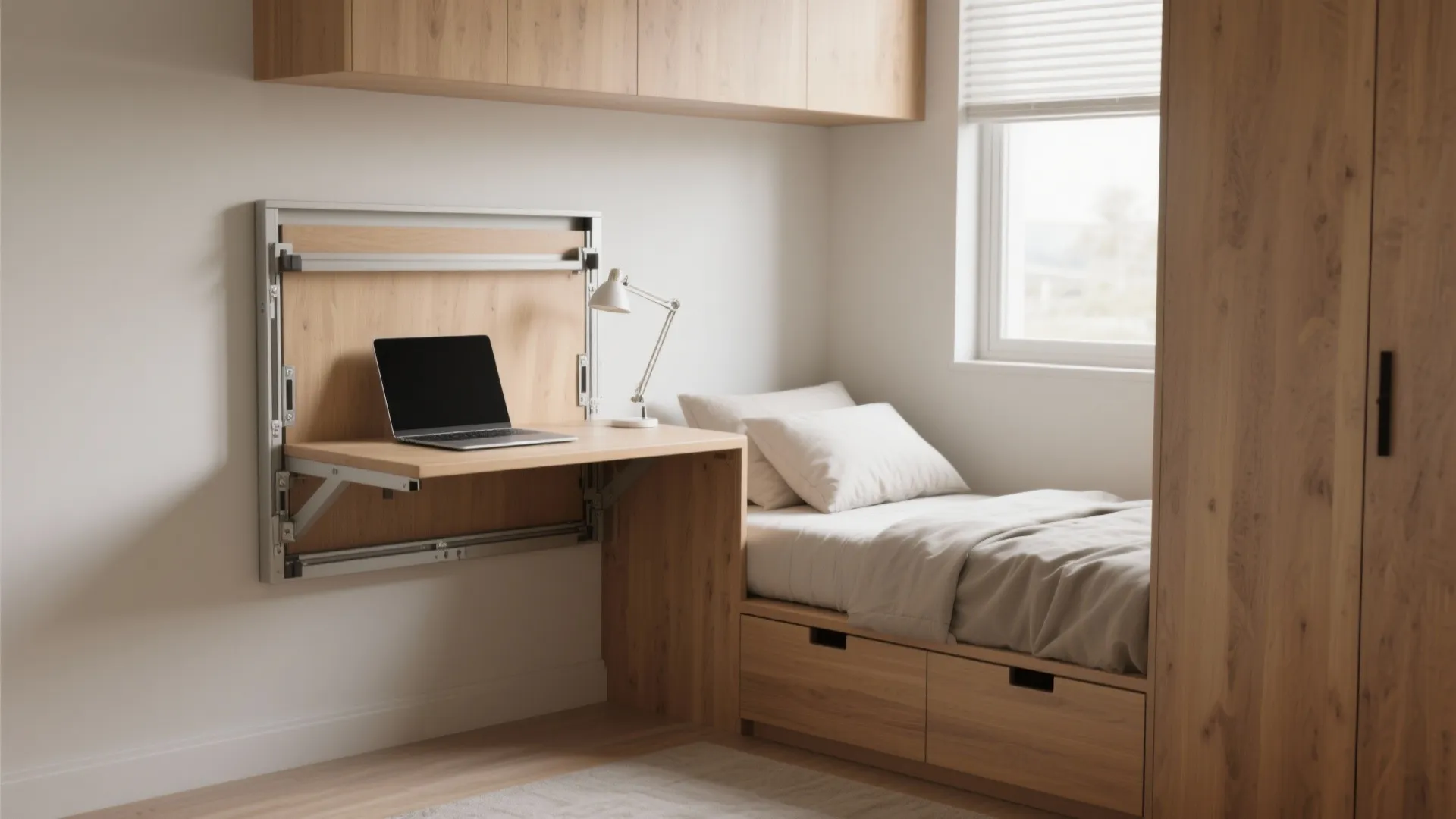1. Fold-down desk + slim guest bed
