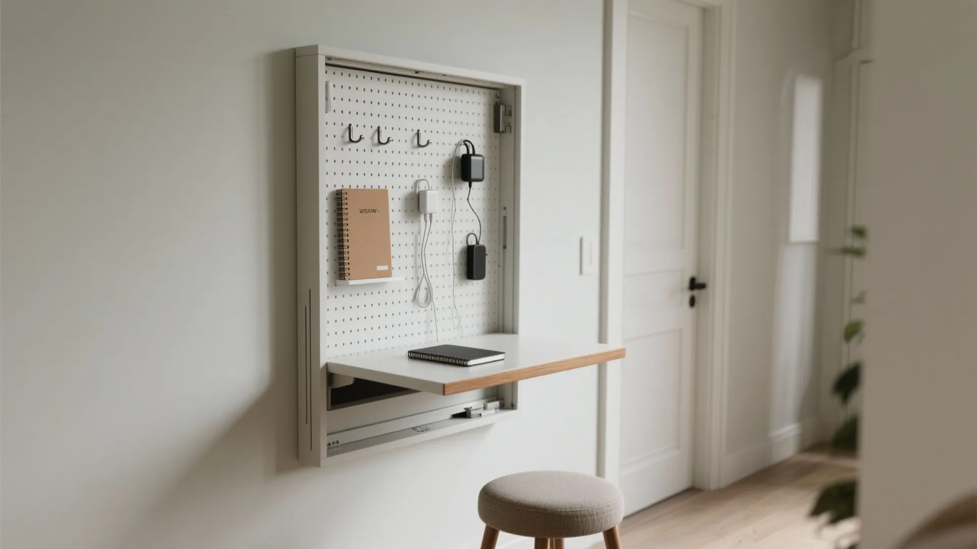 Tip 4: Fold-Down Wall Desk + Pegboard Grid