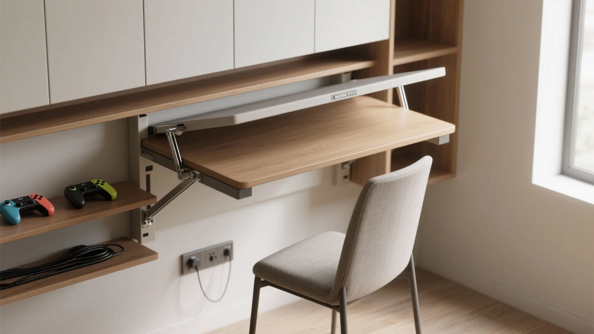 2. Fold-away desk and wall-mounted storage