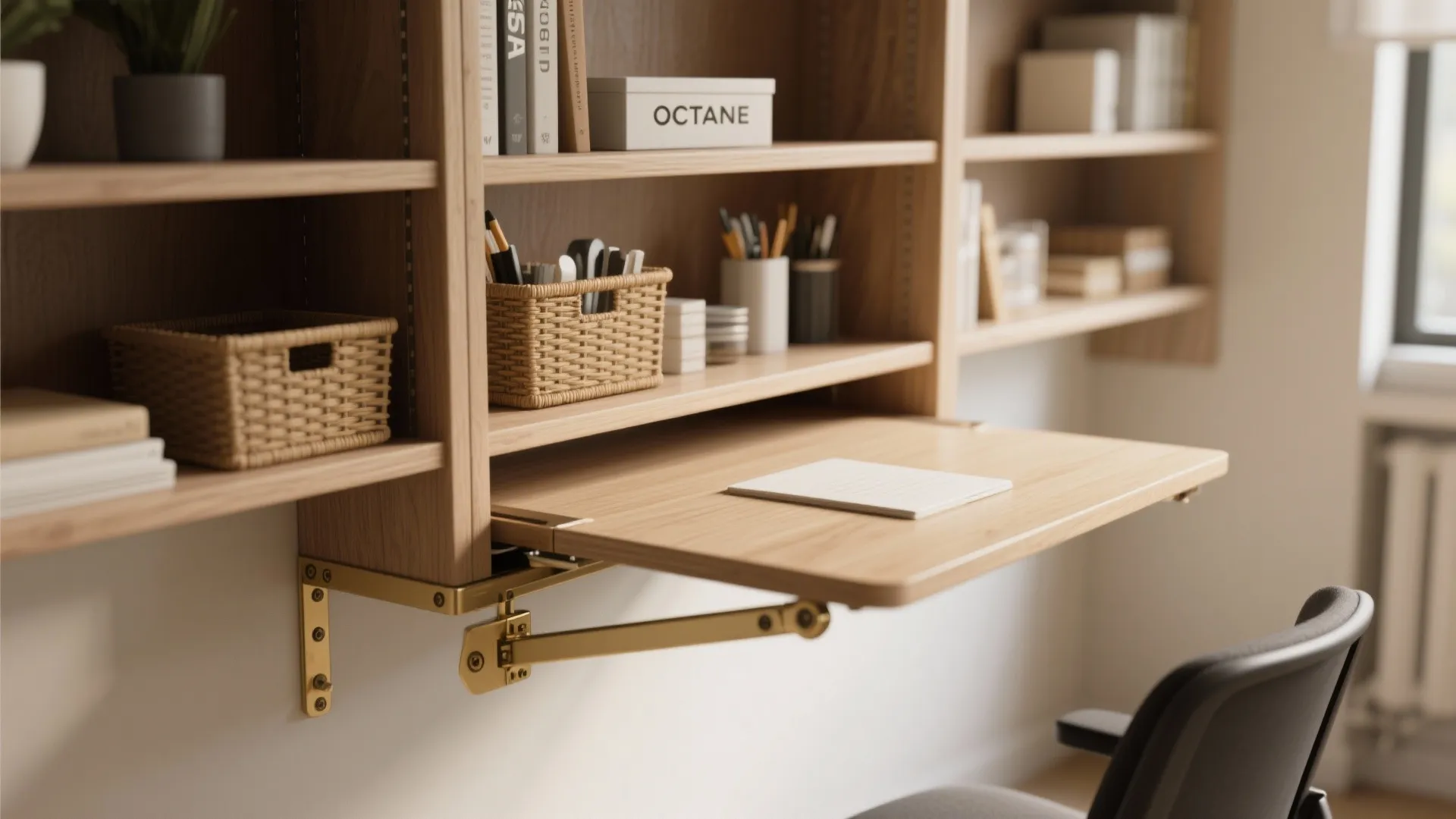 Close up of wooden wall shelves with foldable desk surface holding a small white notebook