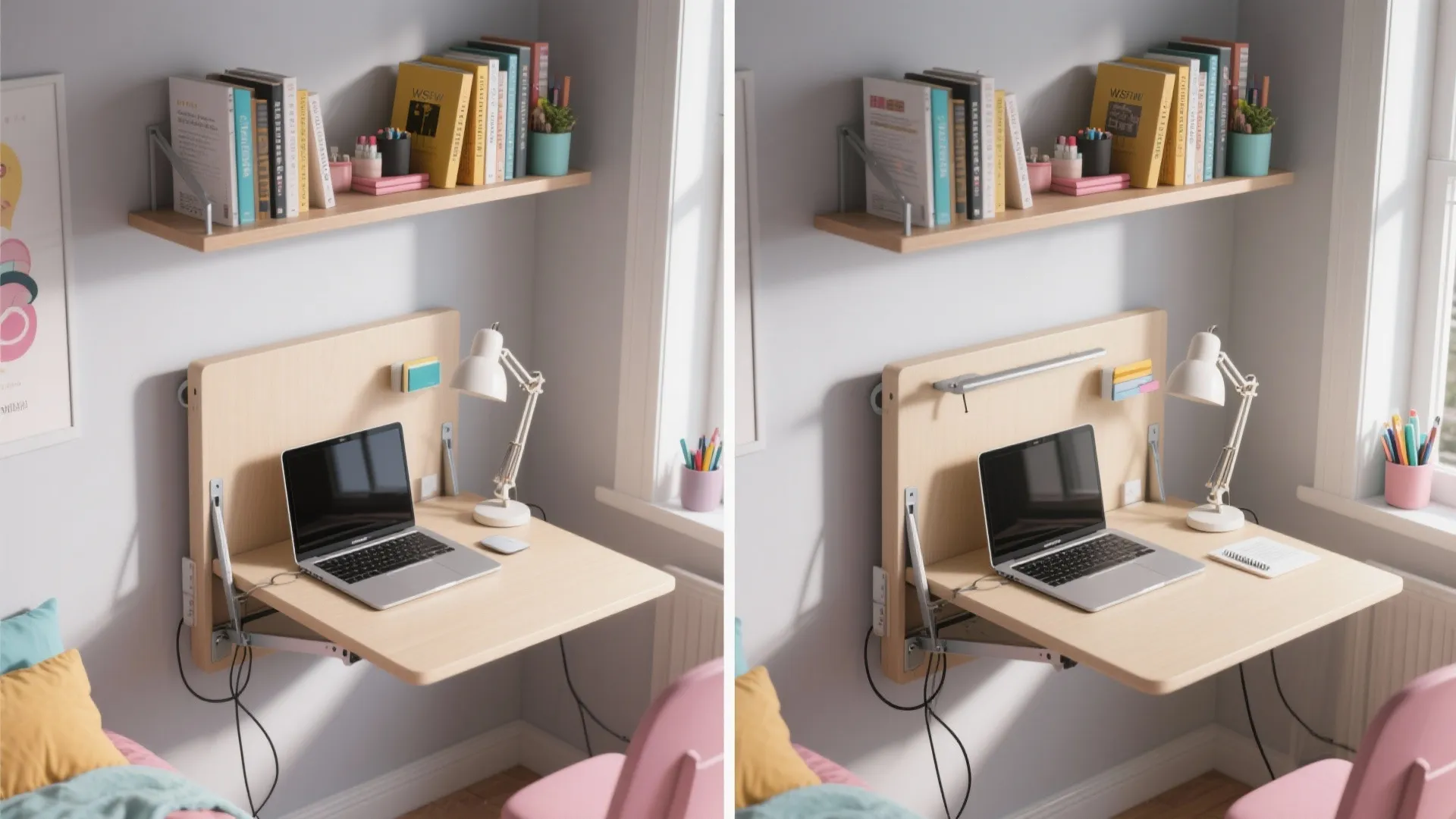 3. Fold-down Desk and Wall-Mounted Shelving