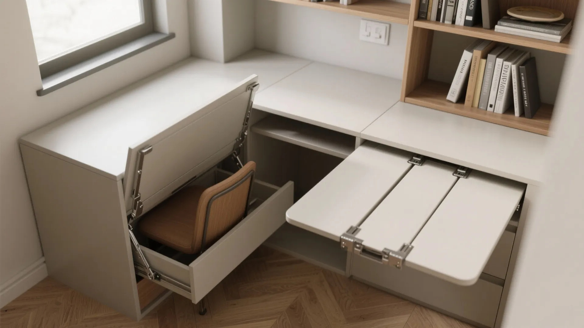Space saving furniture showing a hidden desk and chair inside a white wood cabinet system