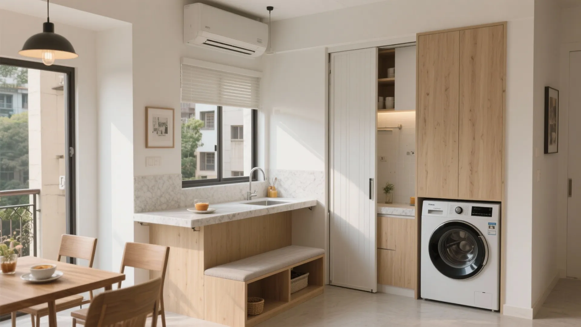 Flexible utility-dining overlap that saves floor space