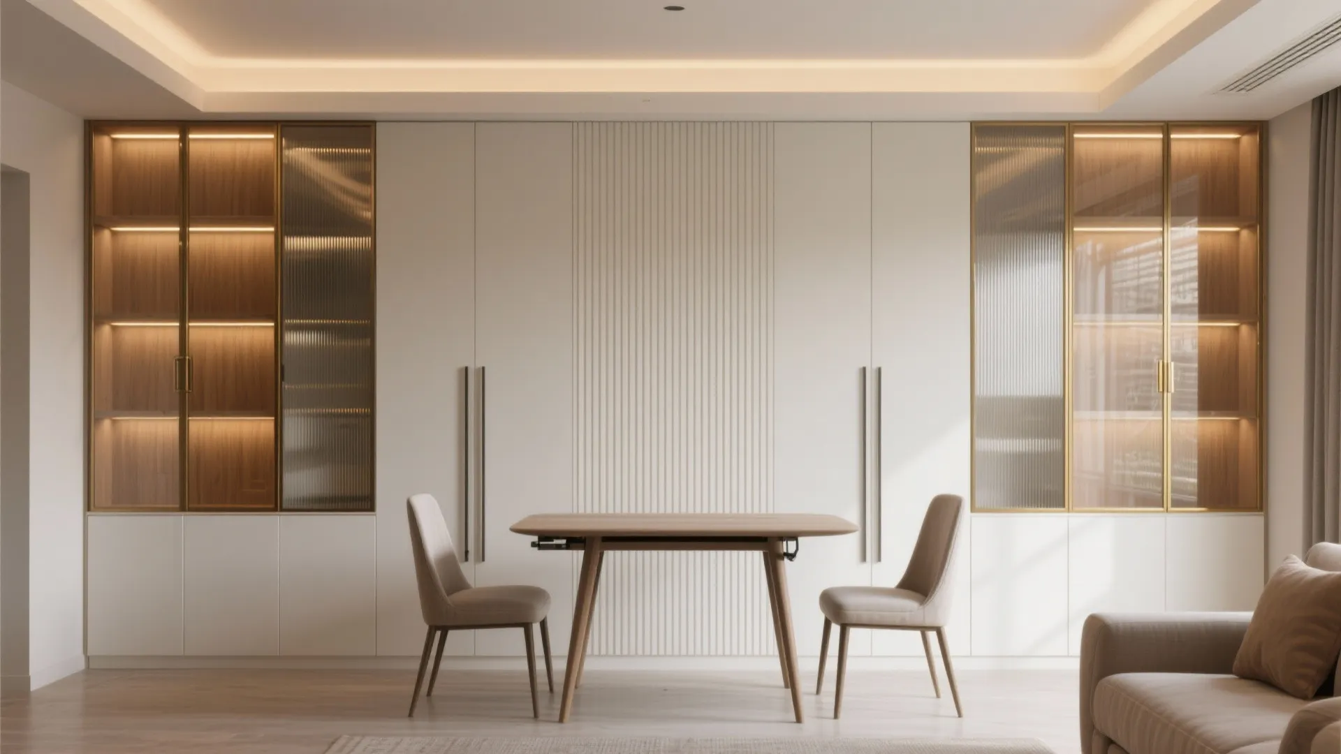 Storage wall with a fold-down dining table