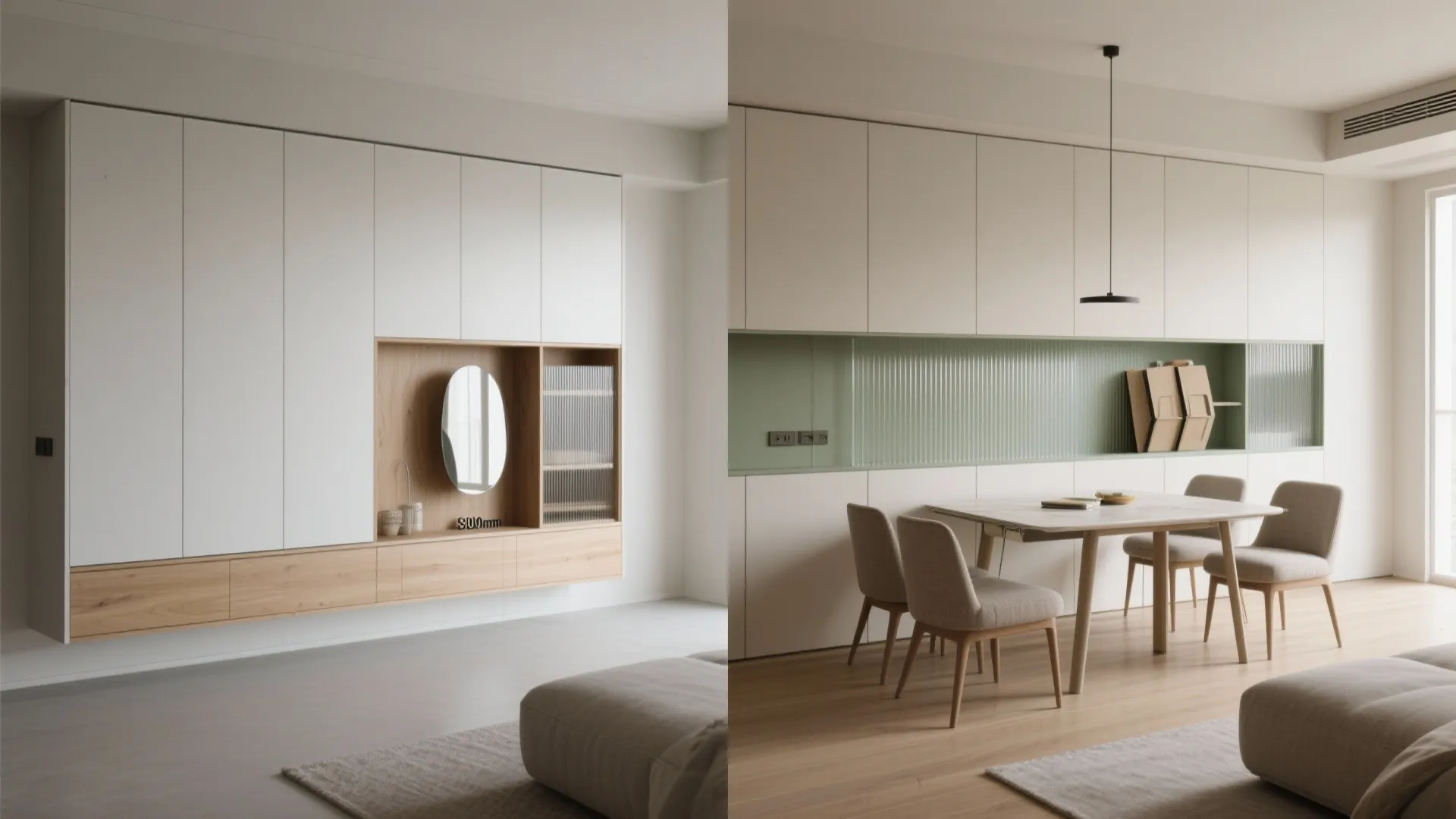 A storage wall plus fold-down dining for daily life flow