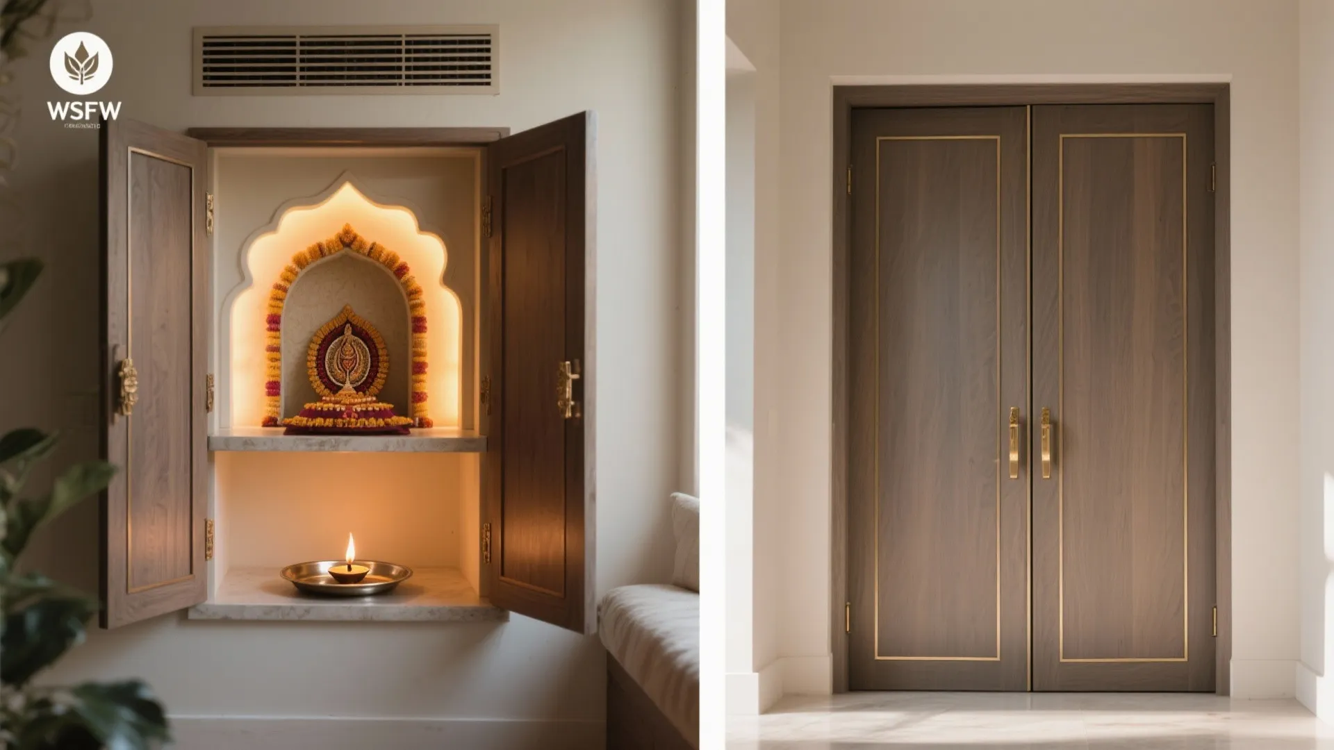 Wooden cabinet with doors open showing small prayer space and closed doors with gold trim