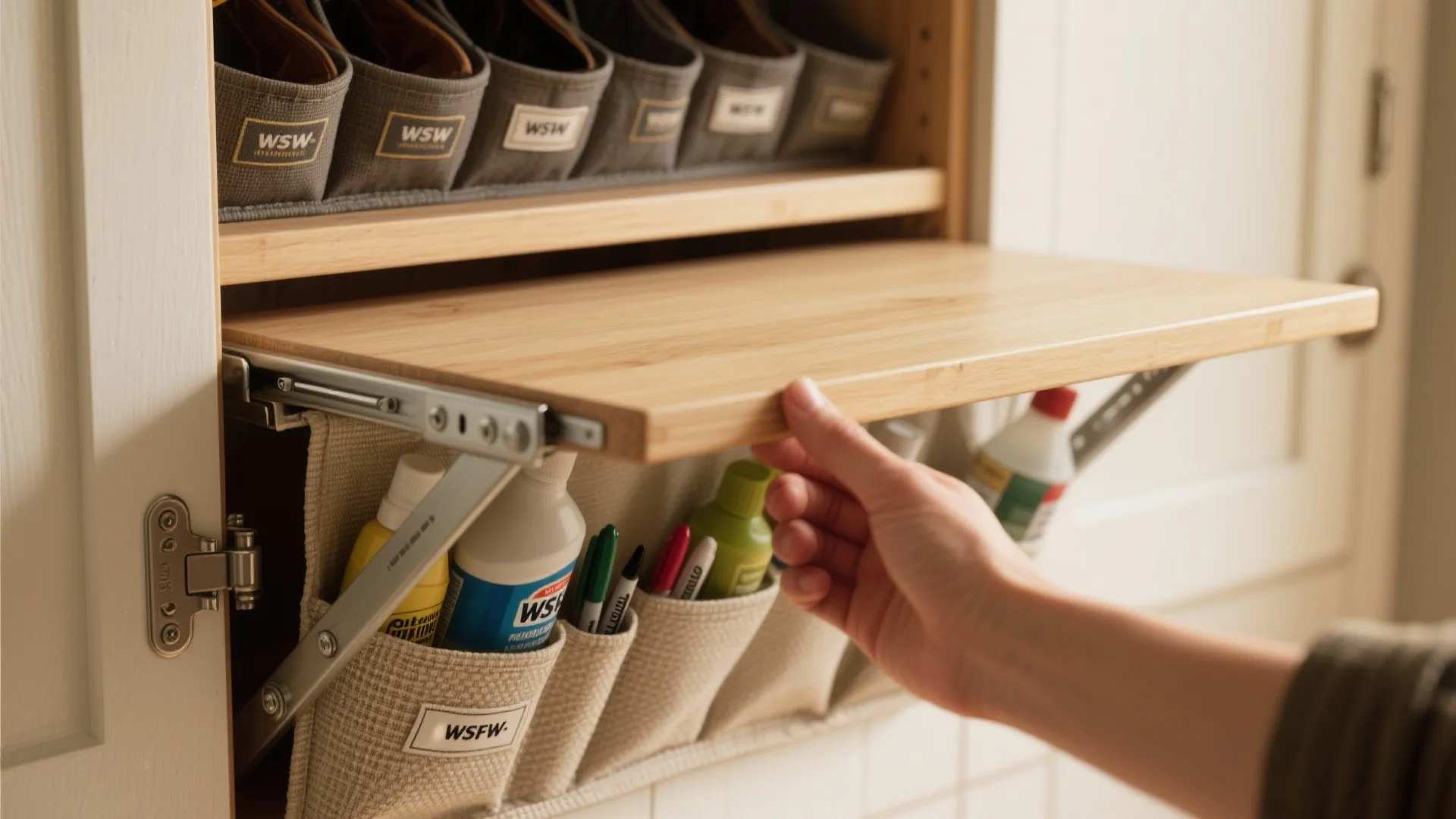 Hand opening a fold down wooden shelf inside a storage cabinet with hanging fabric pockets