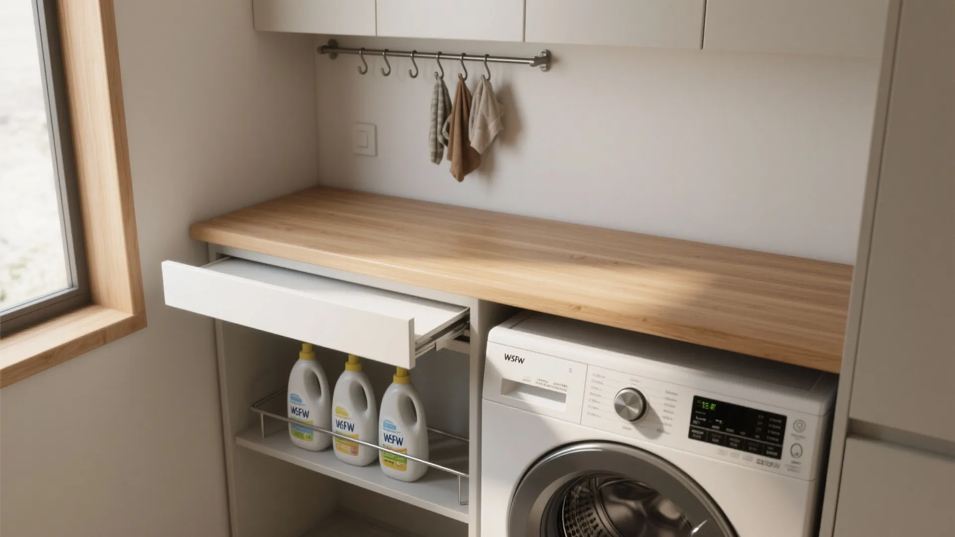 Modern laundry area with washing machine wooden countertop pull out shelf and white soap bottles
