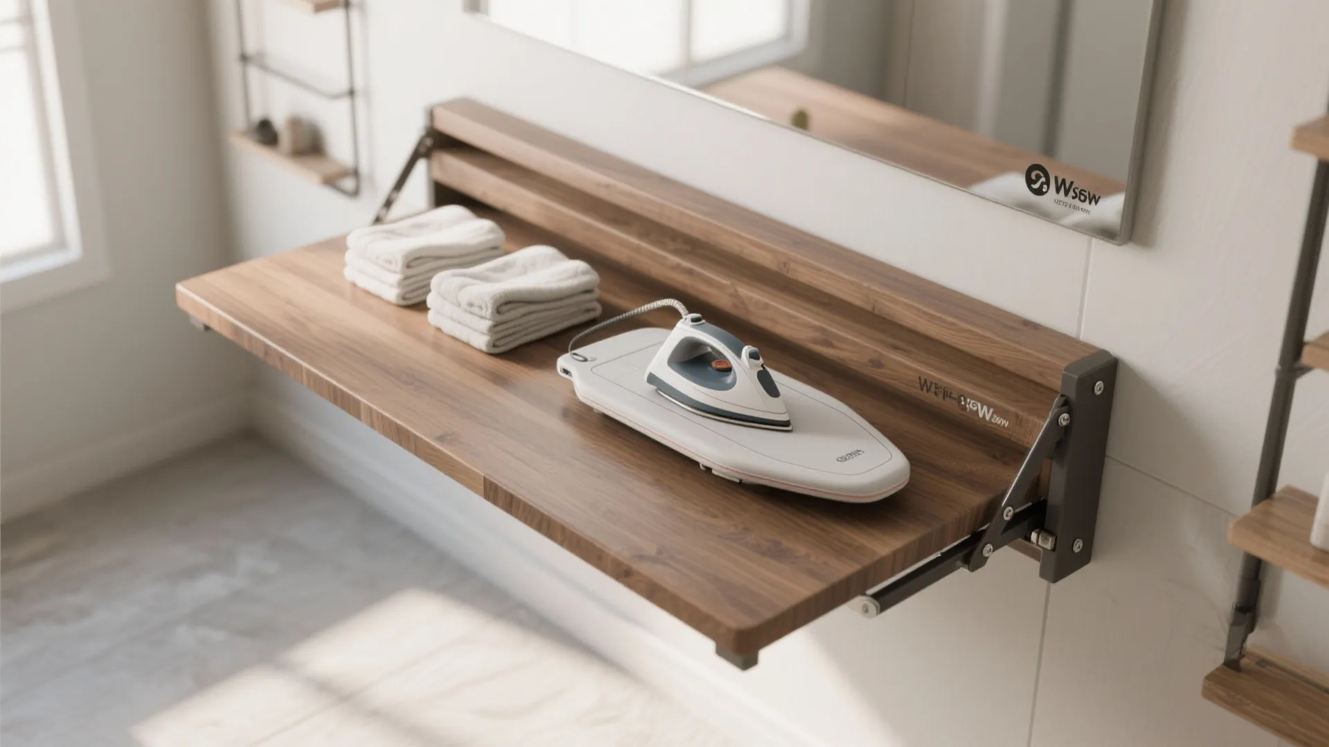 Top-down view of a wall-mounted fold-down counter in a laundry room, showing butcher-block surface and folding workflow.