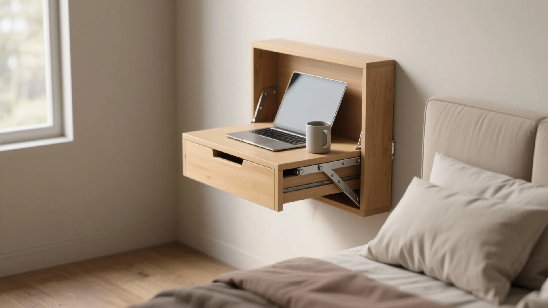 Wall-mounted fold-down bedside table folded open as a small workspace with a drawer underneath.