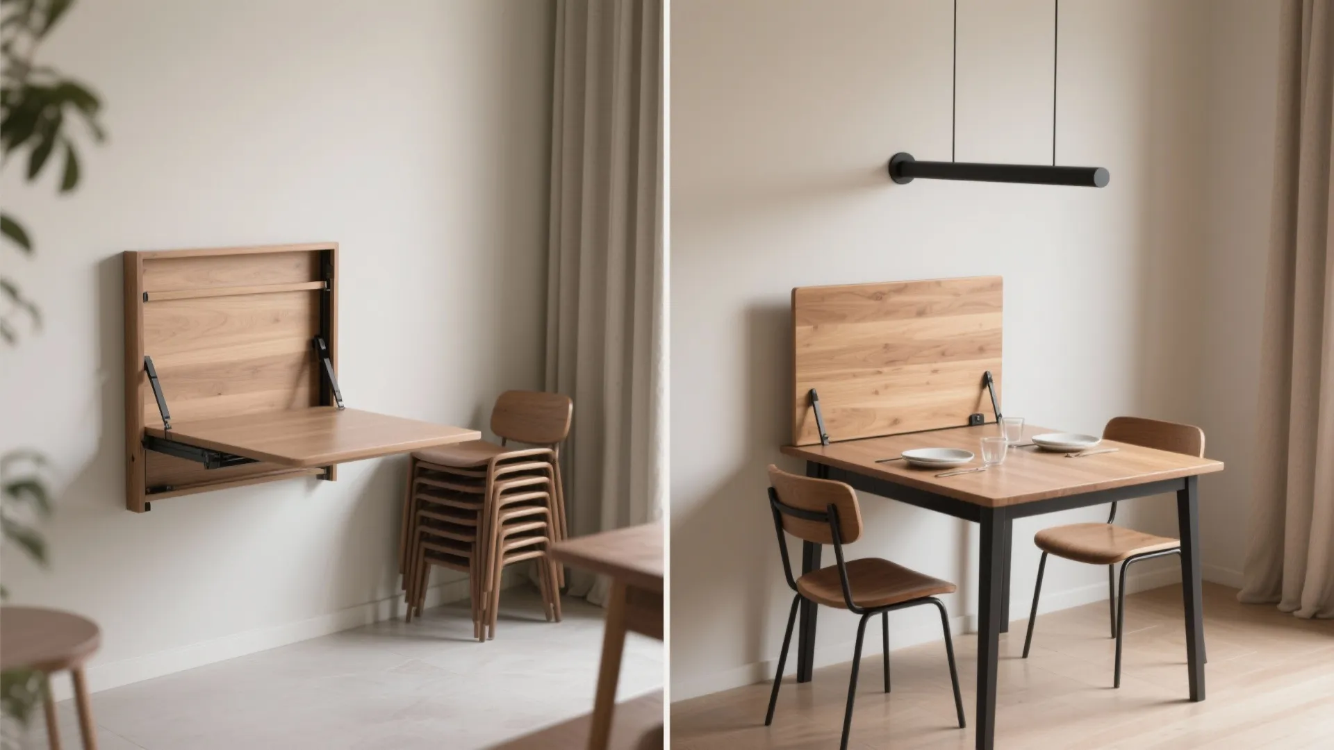 Fold-down table and stackable chairs