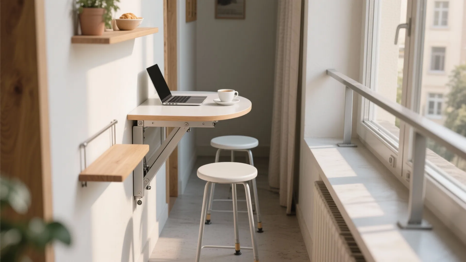 4) Compact dining: fold-down tables and two-position stools