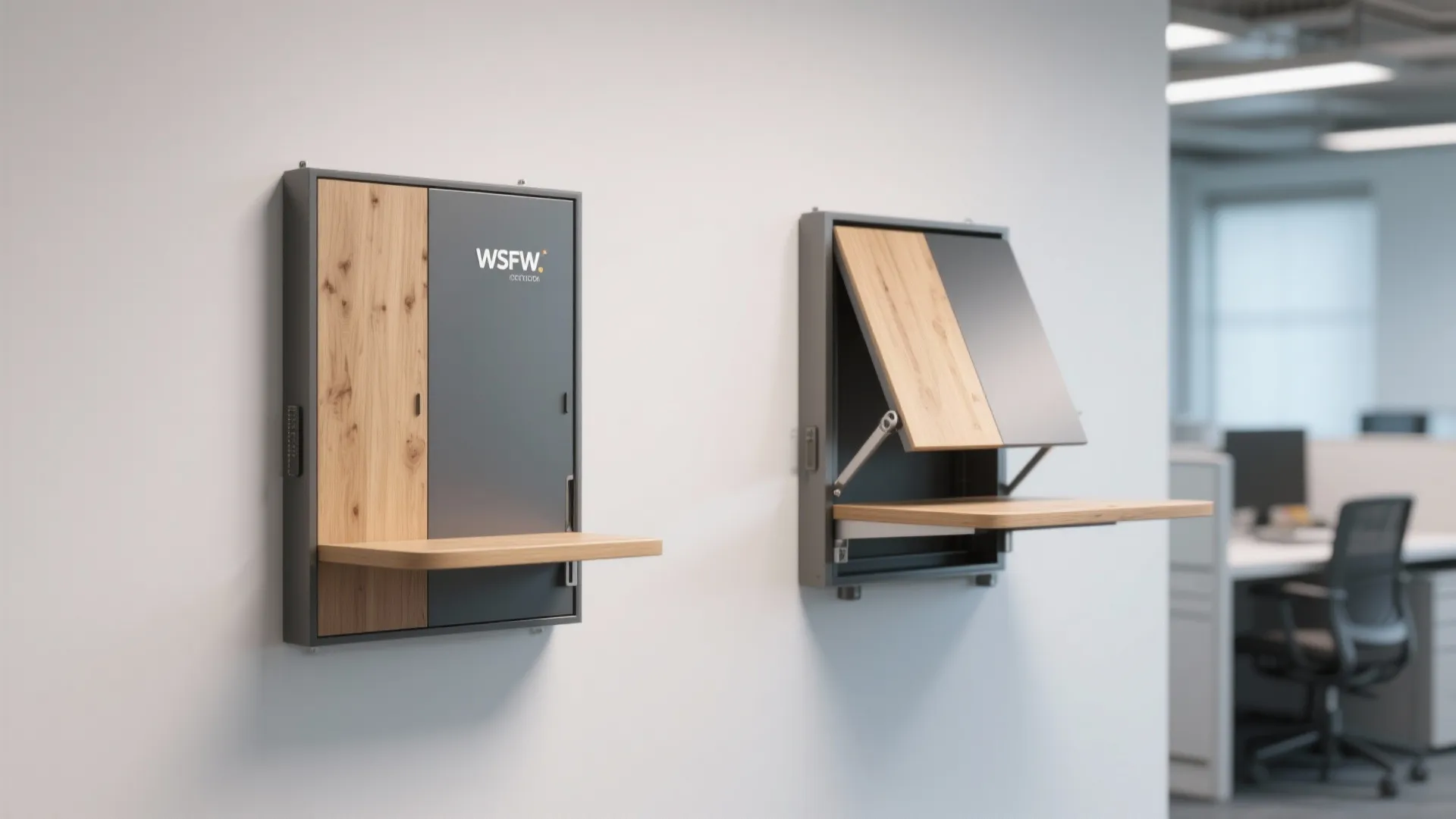 Wall mounted gray and wood cabinets with a fold down shelf for drinks in office