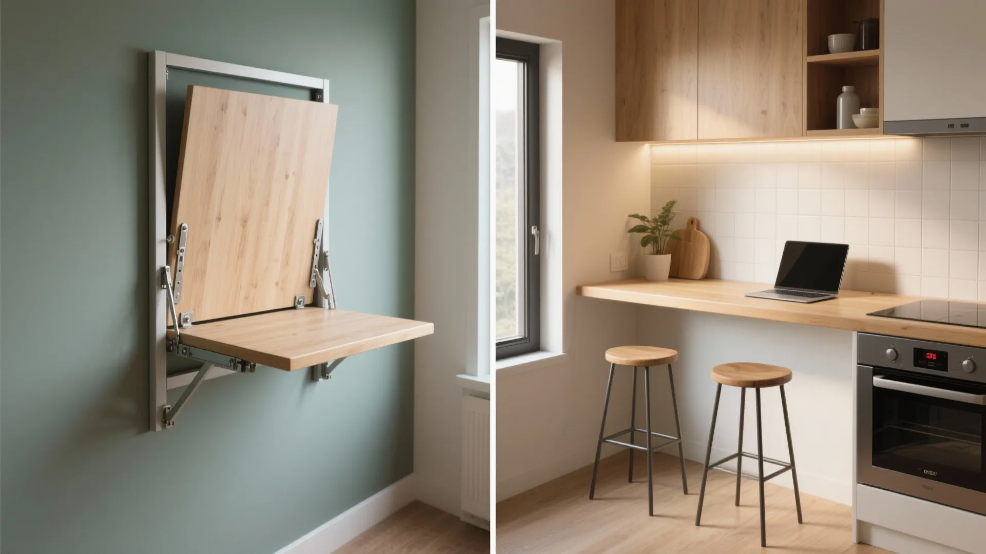 Split view of a wall mounted folding wooden table used as a small kitchen desk